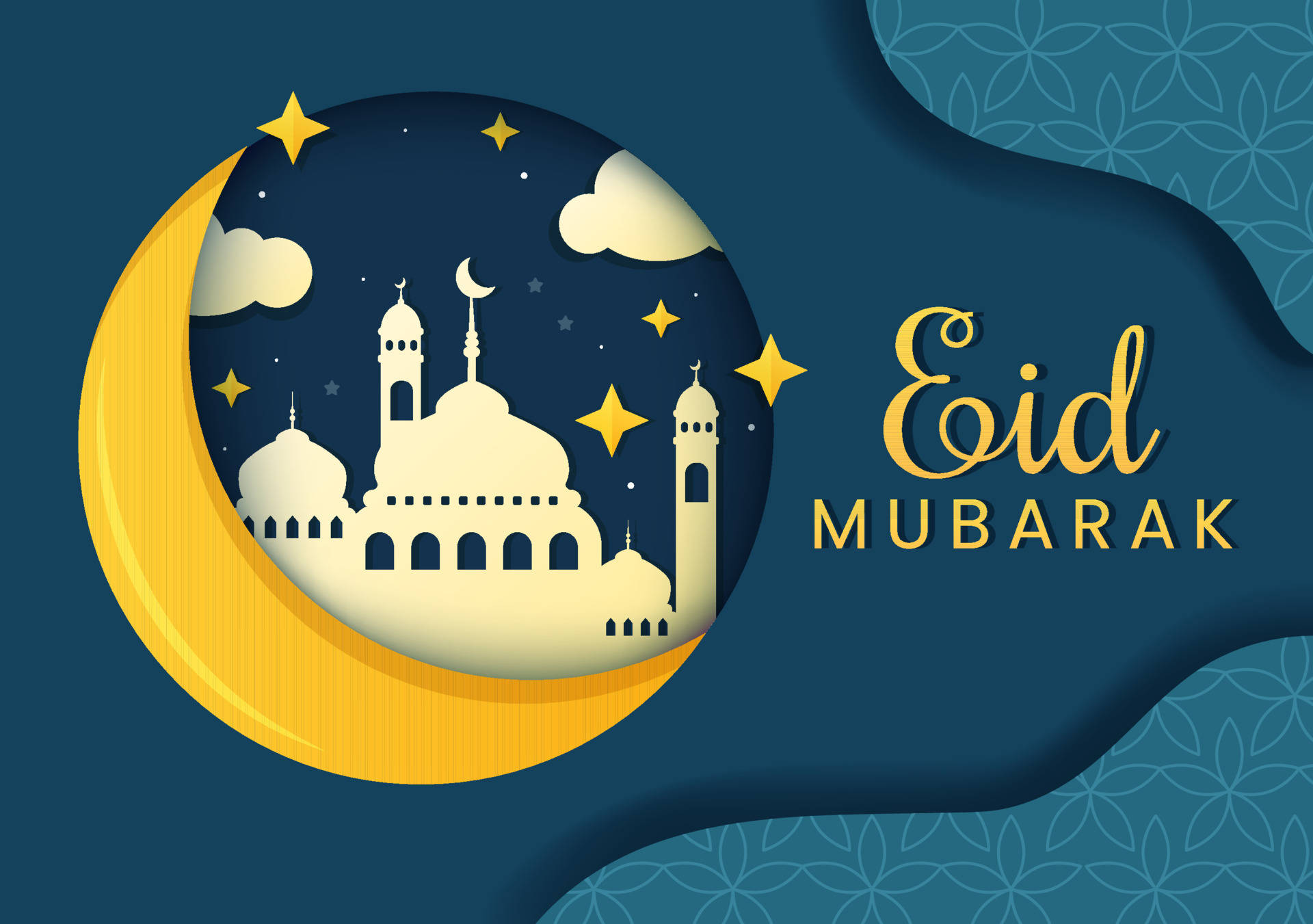 新月內清真寺與星空下的Eid Mubarak祝福