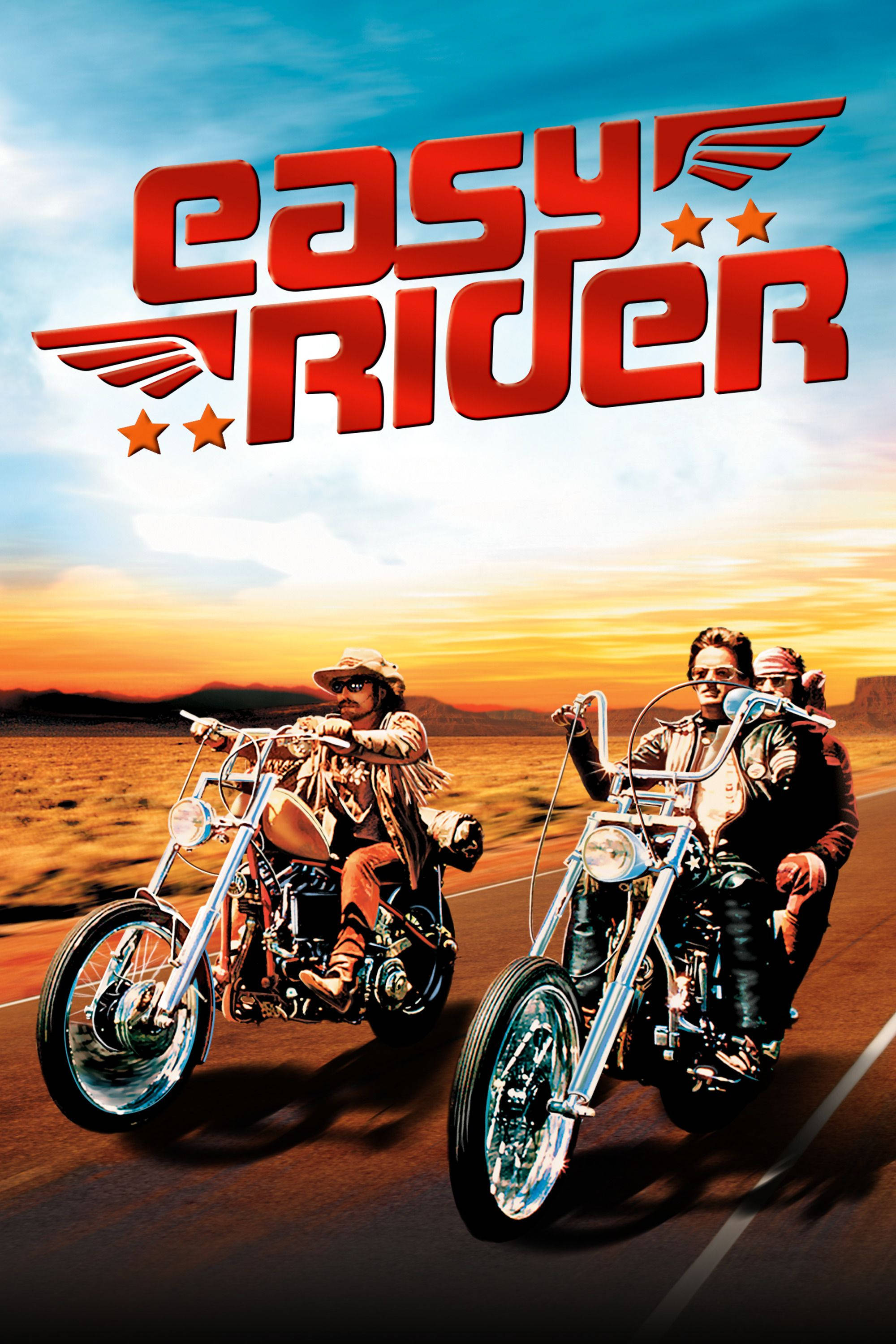 標題：1969年《飛越瘋人院》經典海報 壁紙 — 兩名電單車手騎著定制chopper電單車在沙漠公路上奔馳，夕陽西下，上方有「Easy Rider」標題。