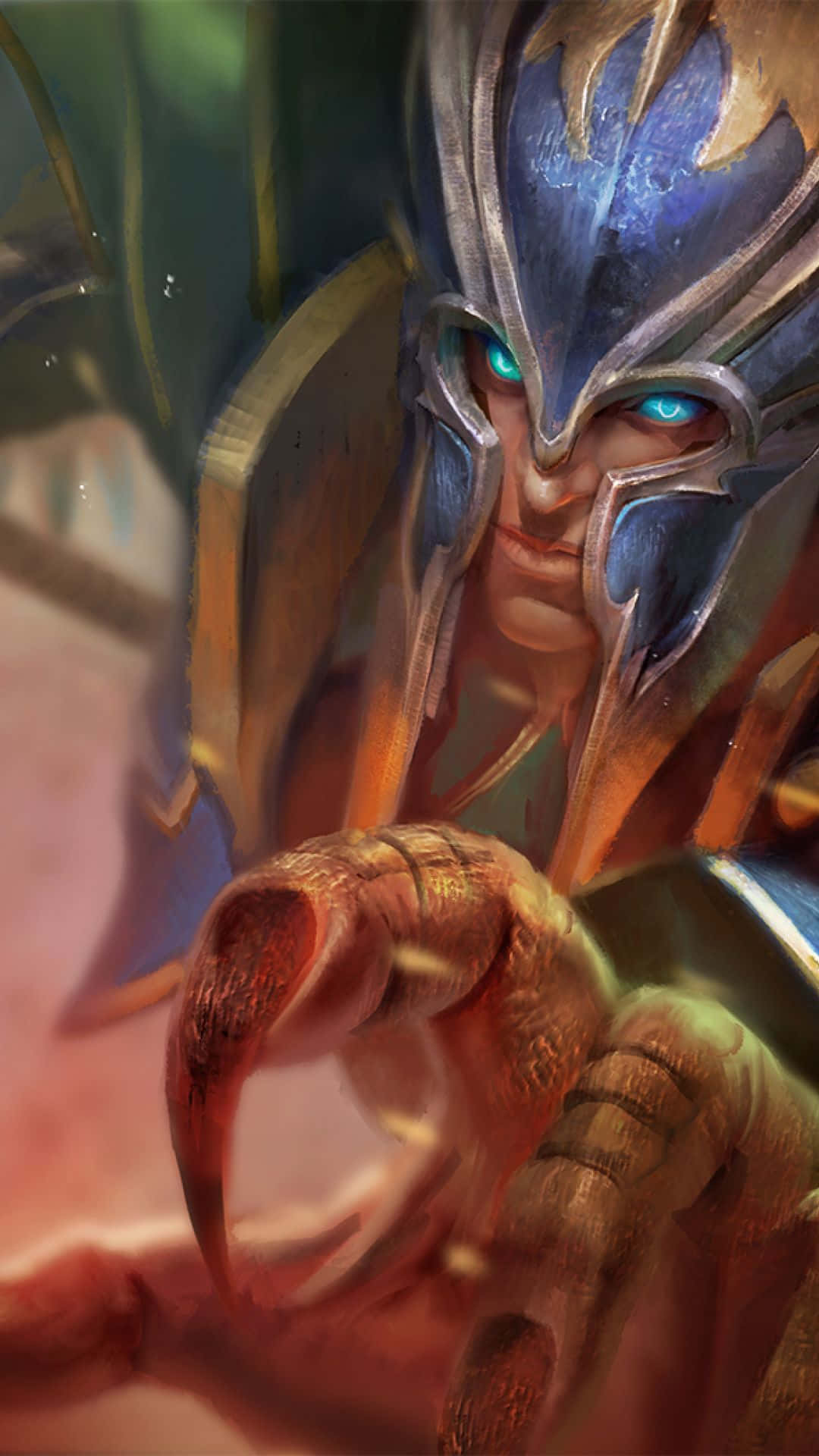 標題：Android Dota 2 英雄的壯烈戰鬥 壁紙 — 一個兇猛的奇幻戰士，擁有發光的藍色眼睛和華麗的盔甲，在戲劇性的特寫中緊握武器。