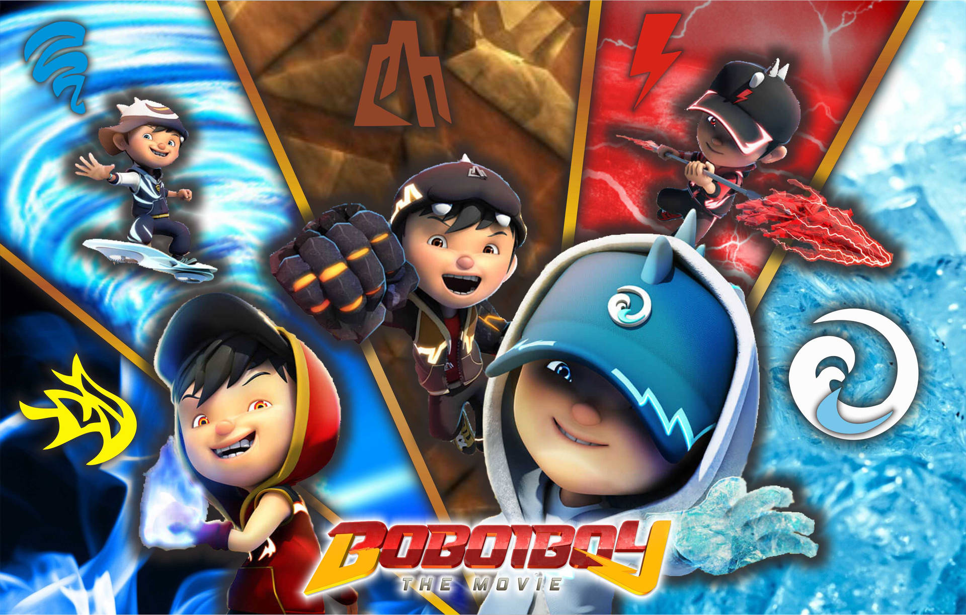 五位擁有元素力量的動畫英雄，為《Boboiboy the Movie》擺出動作姿勢。