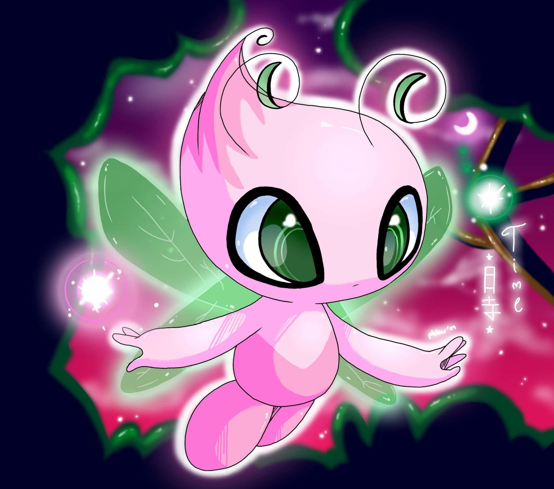 標題：Celebi — 時空寶可夢於其自然棲息地 壁紙 — 一隻可愛的粉紅色動漫妖精，擁有綠色眼睛和葉子翅膀，漂浮在發光的魔法火花和宇宙漩渦中。