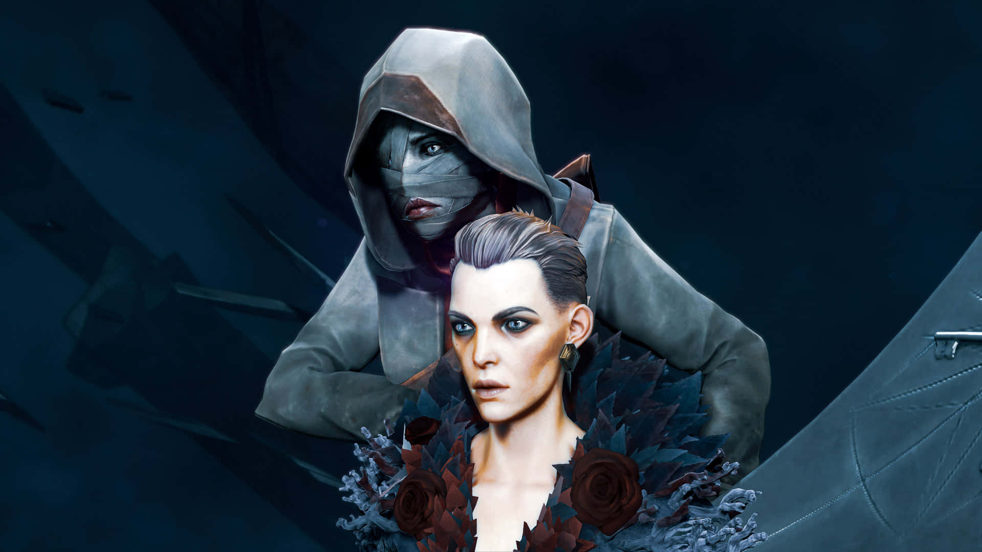 標題：《Dishonored 2》遊戲世界的驚心刺激 壁紙 — 一個戴著兜帽的身影在陰暗破碎的背景前，隱約出現在一位身穿深色碎花裙的女子身後。