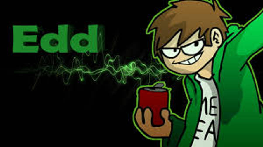 標題：Eddsworld 小組展現英雄姿態 壁紙 — 卡通角色 Edd 穿著綠色連帽衫，手持帶有綠色能量波的紅色罐子，背景為黑色。