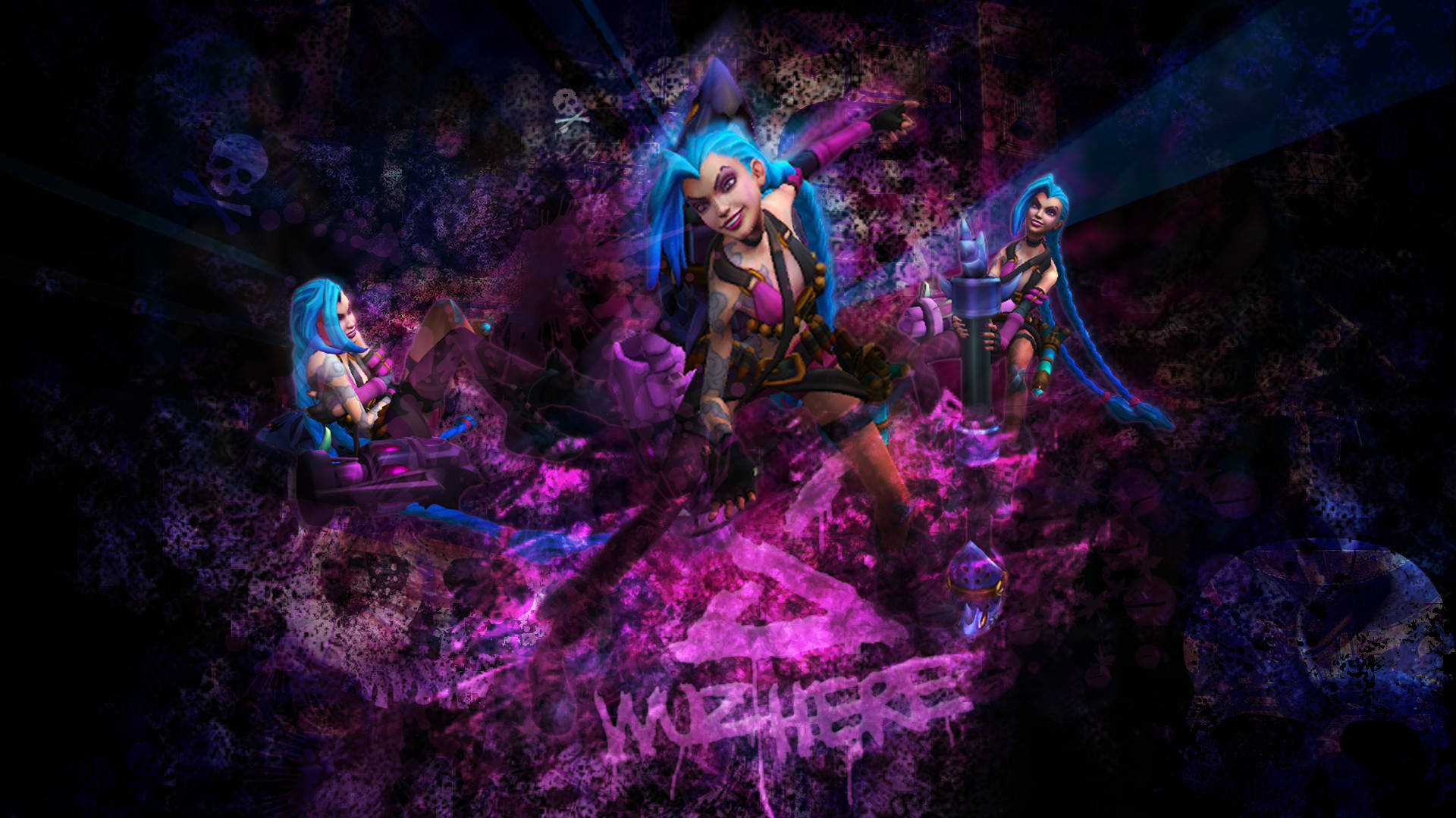 標題：Jinx，失控的炮彈行動中 壁紙 — 充滿活力的紫色和藍色霓虹燈照亮了三個風格化的女性角色，身處一個混亂、佈滿塗鴉的城市場景中。