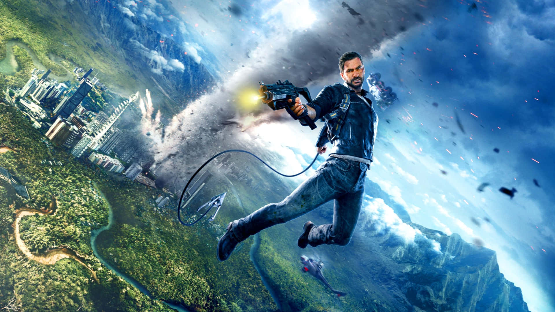 標題：Just Cause 4 世界中的激烈動作 — 高畫質壁紙 壁紙 — 一個穿著皮褸的男人在暴風雨的天空下，漂浮在城市和叢林上方，發射著發光的武器。