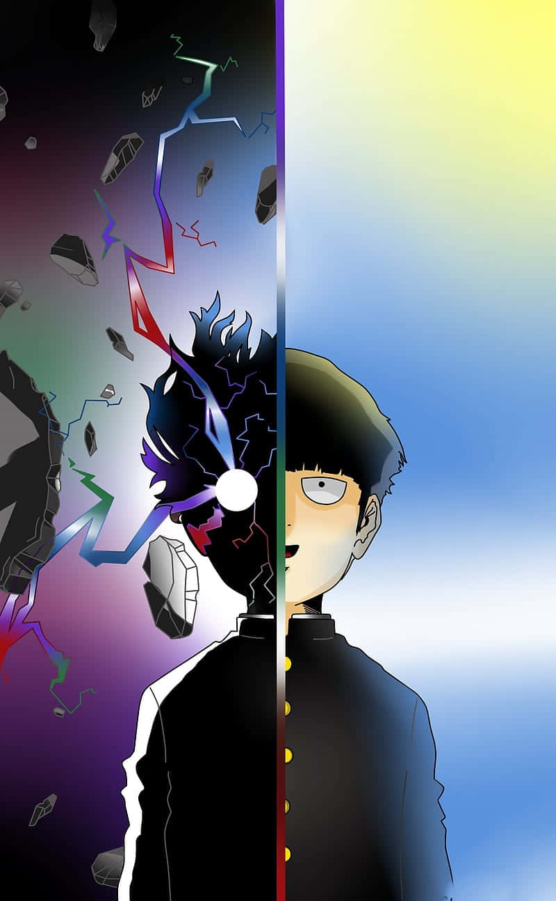 標題：Mob Psycho 100 中表情生動的主角 壁紙 — 一個分裂的動漫角色，一邊破碎並迸發出色彩繽紛的能量，另一邊則在漸變天空下保持平靜。