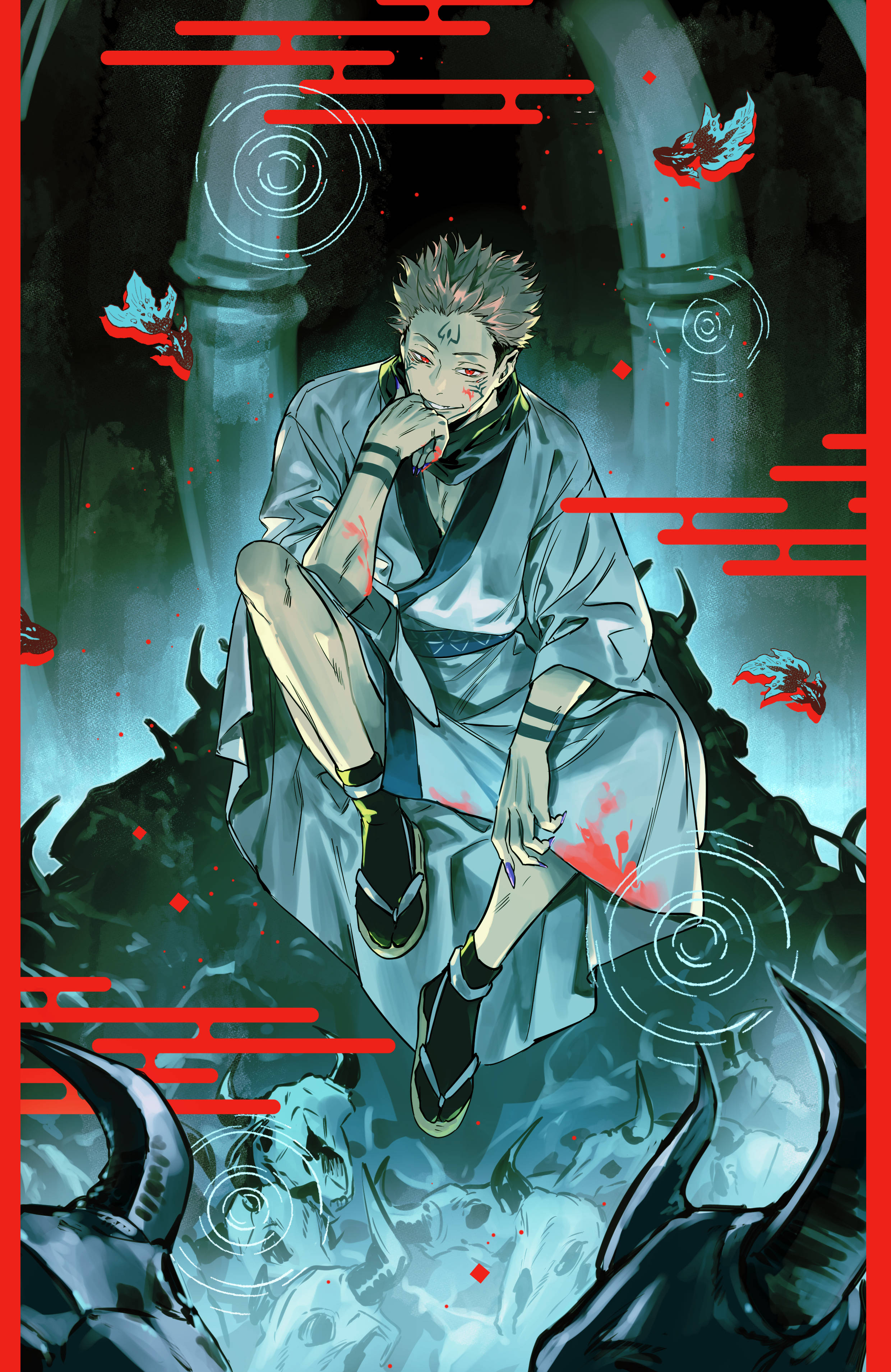 標題：Sukuna — 詛咒之王 壁紙 — 一個疲憊的動漫戰士穿著破爛長袍，坐在黑暗風格化神社中的骷髏和紅色惡魔靈魂之間。