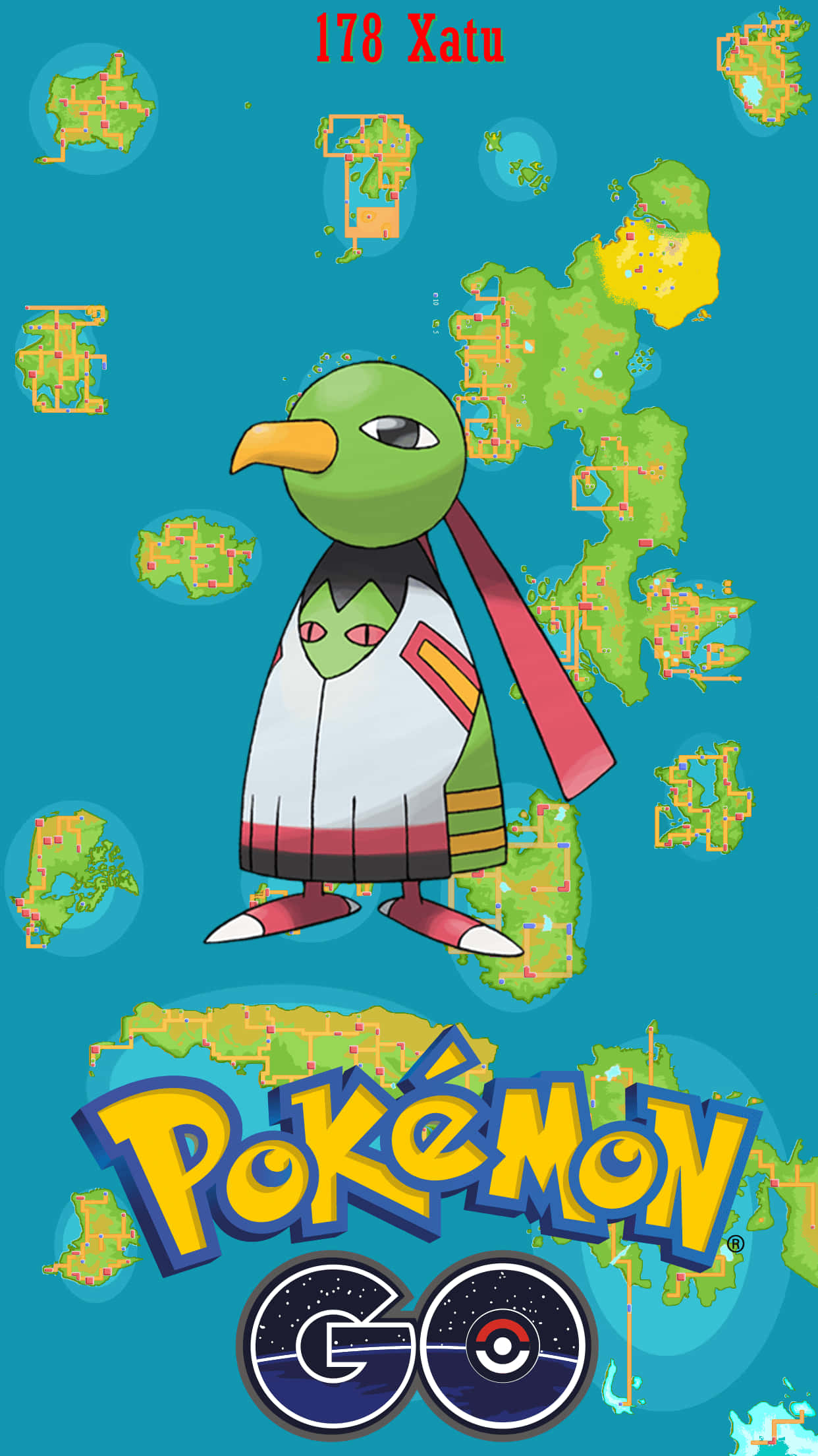 標題：「Xatu，神秘的超能力寶可夢，與 Pokémon Go 標誌並列」 壁紙 — 一隻綠色鳥狀寶可夢名叫天然鳥，居中站立在青綠色背景上，周圍有漂浮的地圖碎片，下方有Pokémon GO標誌。