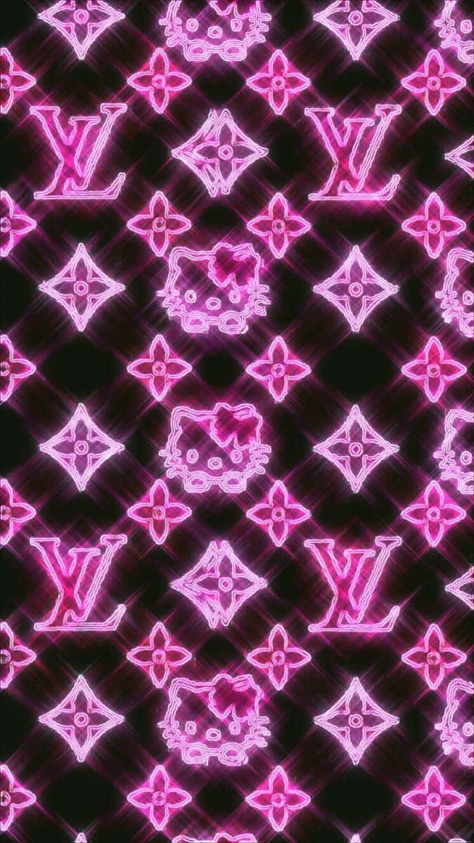 標題：Y2K 風格粉紅背景 壁紙 — 鮮豔的粉紅色霓虹燈Hello Kitty和LV標誌在深色背景上以重複圖案發光。