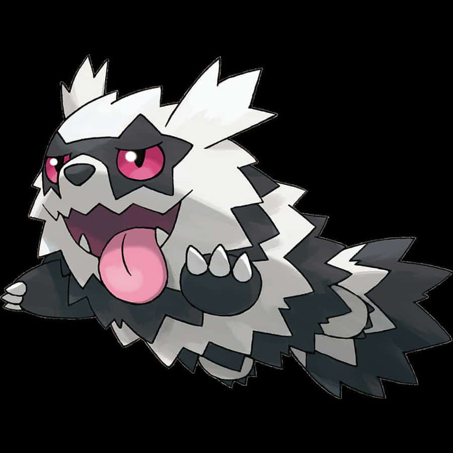 標題：Zigzagoon 在其自然棲息地的精彩插畫 壁紙 — 一隻卡通風格的黑白條紋寶可夢，有粉紅色的眼睛和舌頭，在黑色背景上露出牙齒。