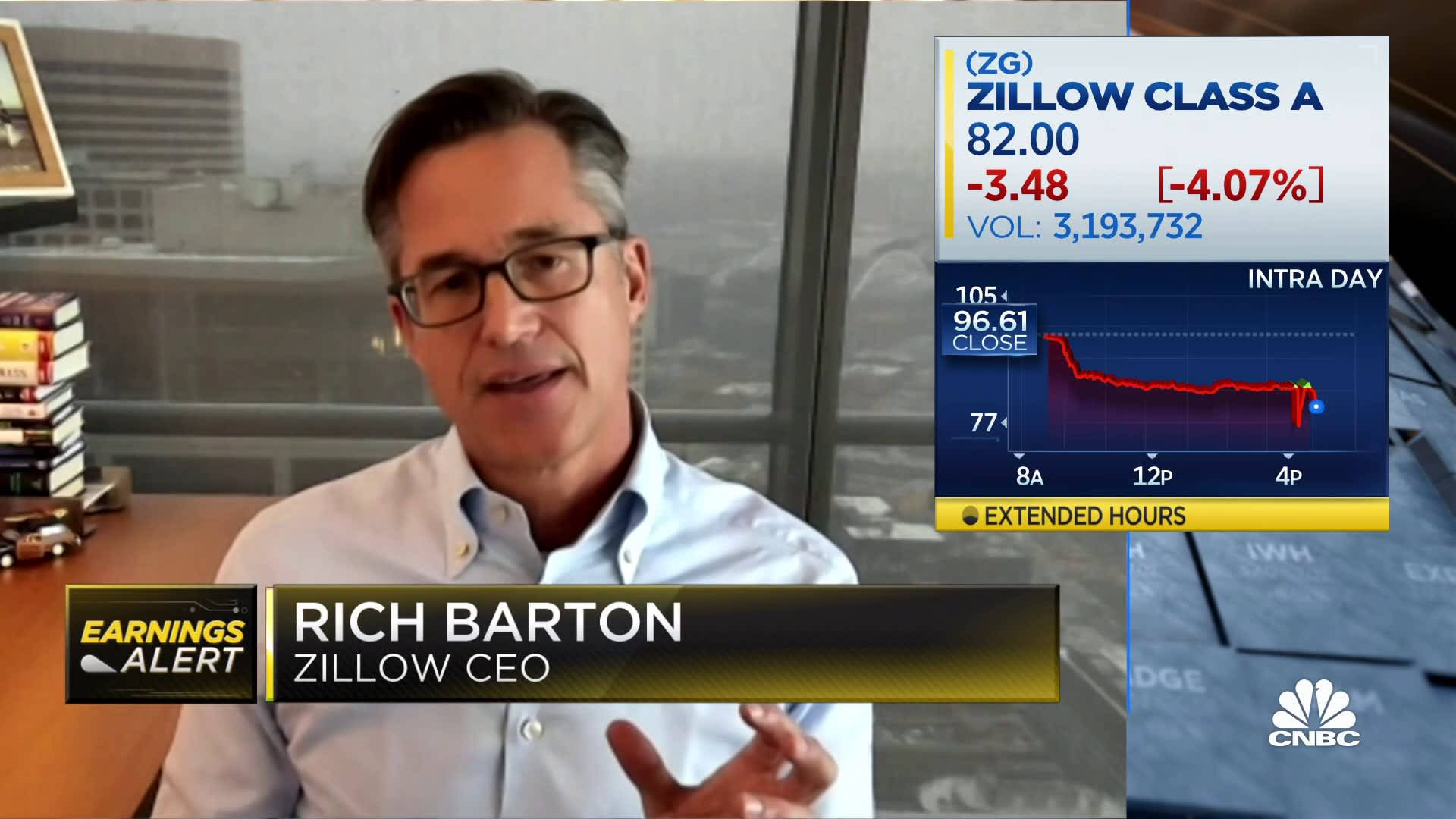 Zillow行政總裁Rich Barton在CNBC新聞中發言，附有股票圖表疊加。