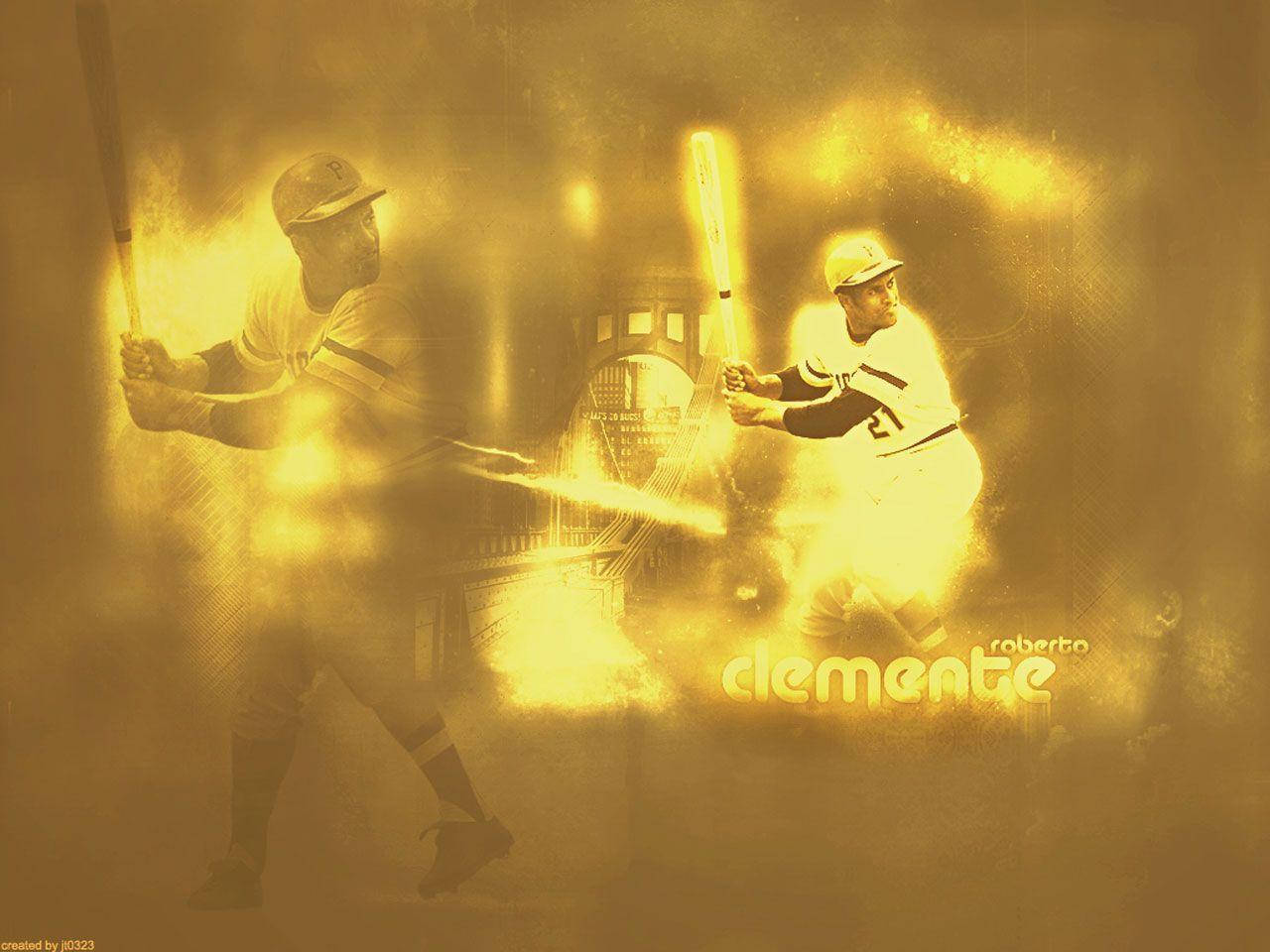 兩名棒球運動員在金色朦朧的球場揮棒，並有「Clemente」發光。