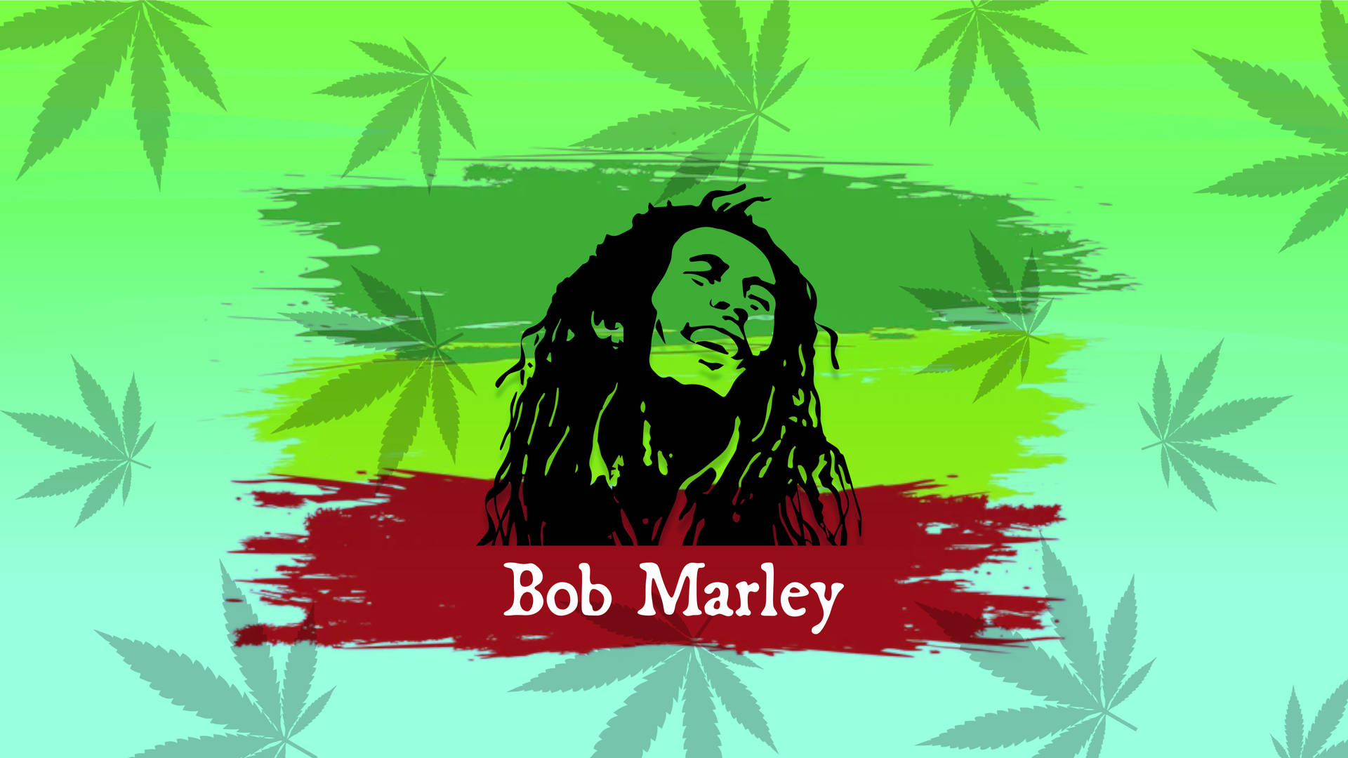 Bob Marley肖像，背景有綠色、紅色和青綠色的大麻葉。