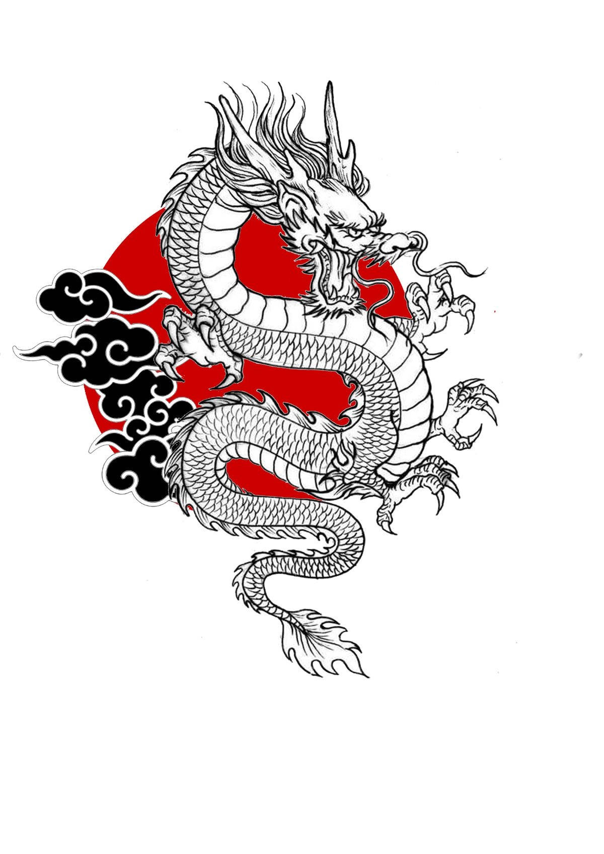 標題：兇猛優雅 - 紅圈內的華麗日本龍紋身 壁紙 — 一條兇猛的黑白龍纏繞著一個大膽的紅色圓圈，下方有旋轉的黑雲。