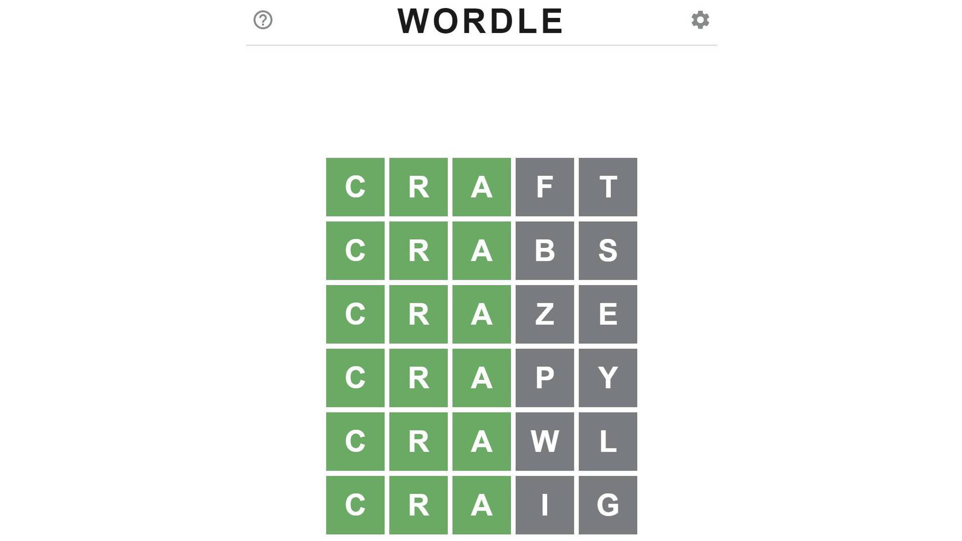 Wordle遊戲界面，六次字母嘗試顯示正確和錯誤的猜測。