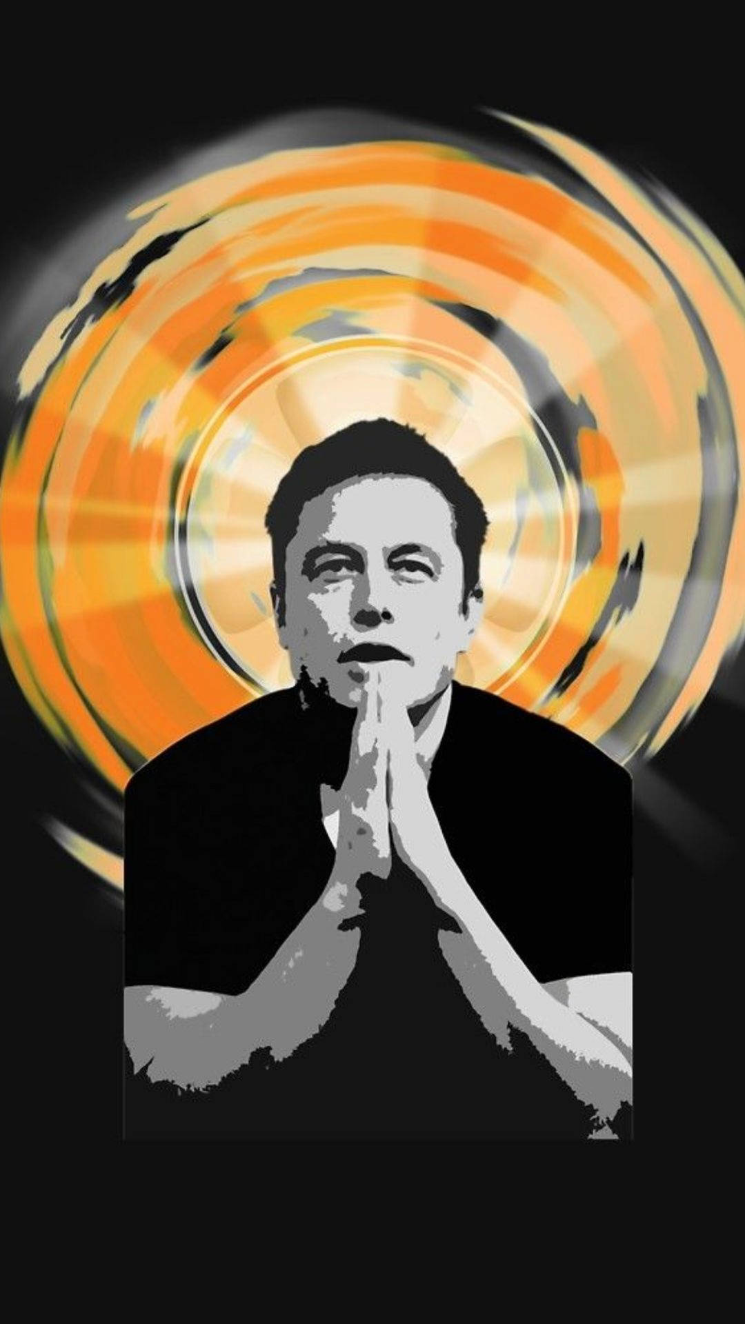 Elon Musk 的風格化肖像，雙手交握，身後有橙色旋轉光環。 — 馬斯克 壁紙