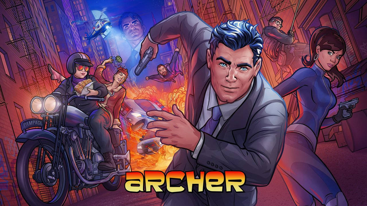 Archer 卡通角色在高速城市動作場景中，伴有爆炸和電單車追逐。