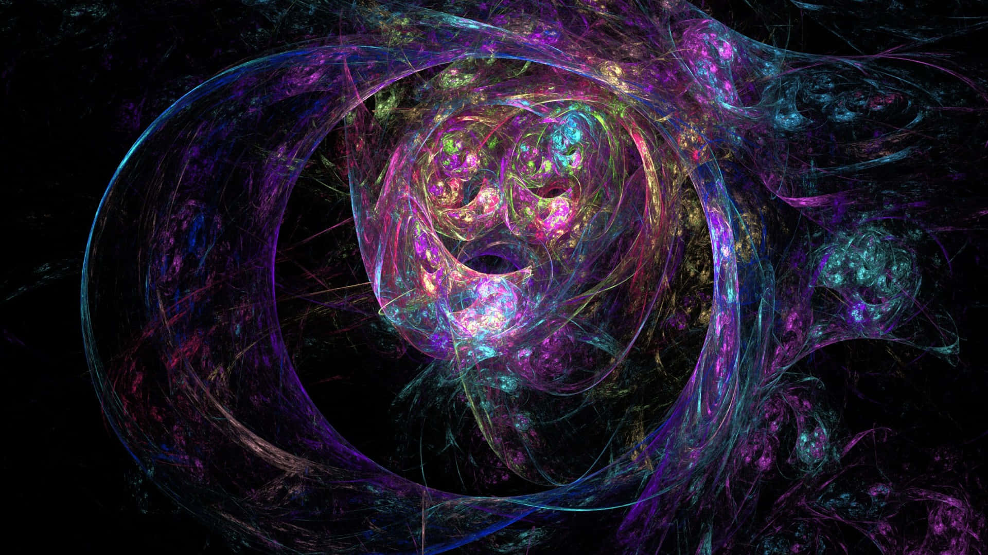 標題：「原始混沌的崇高交響曲」 壁紙 — 鮮豔的分形卷鬚在宇宙色調中旋轉，在虛空黑色背景上創造出迷人的數位漩渦。