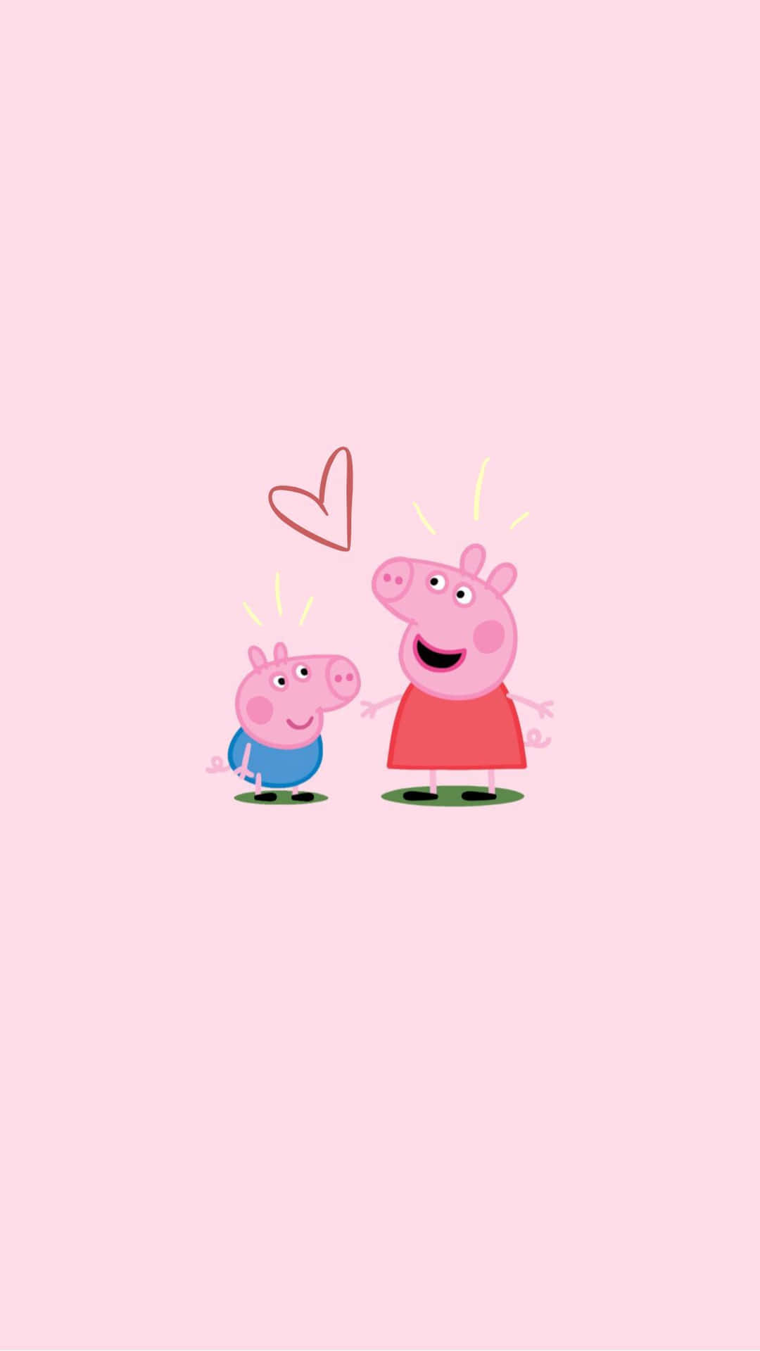 Peppa Pig 和 George Pig 微笑，佢哋上面有個心形，背景係粉紅色。