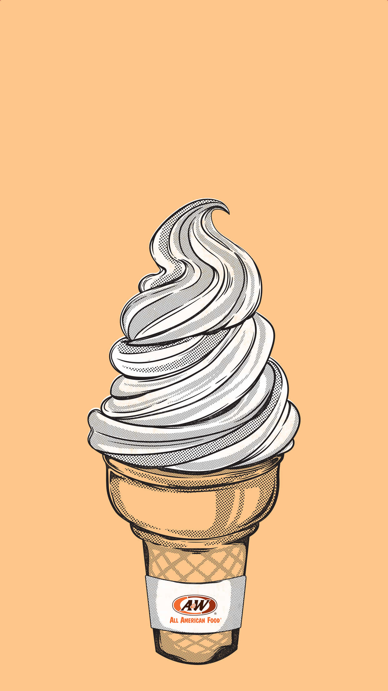 標題：安卓螢幕上的精緻美食展示 壁紙 — 一個風格化的插圖，描繪A&W軟雪糕筒，帶有旋轉的灰色漩渦，背景為純桃色。