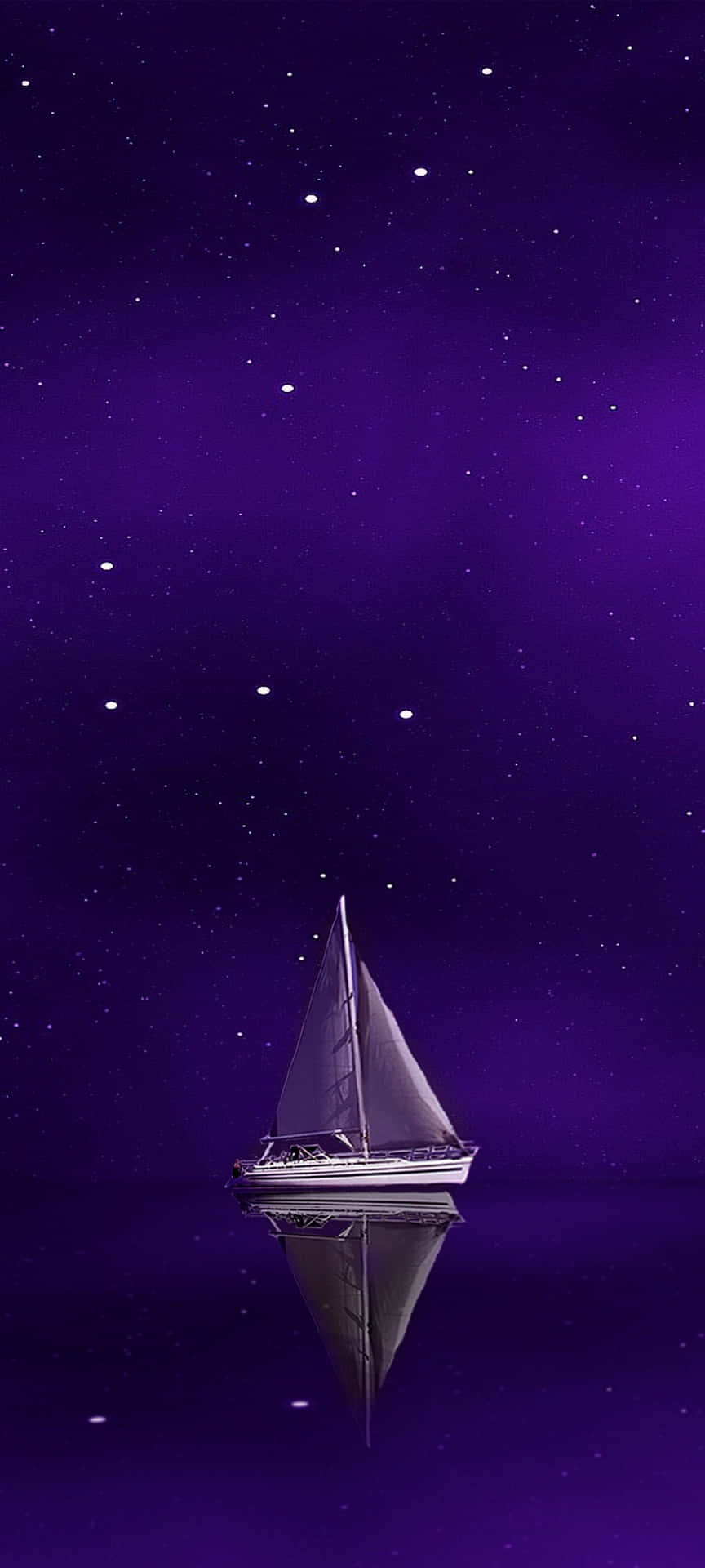 帆船在星光燦爛的紫色天空下，水面完美倒影