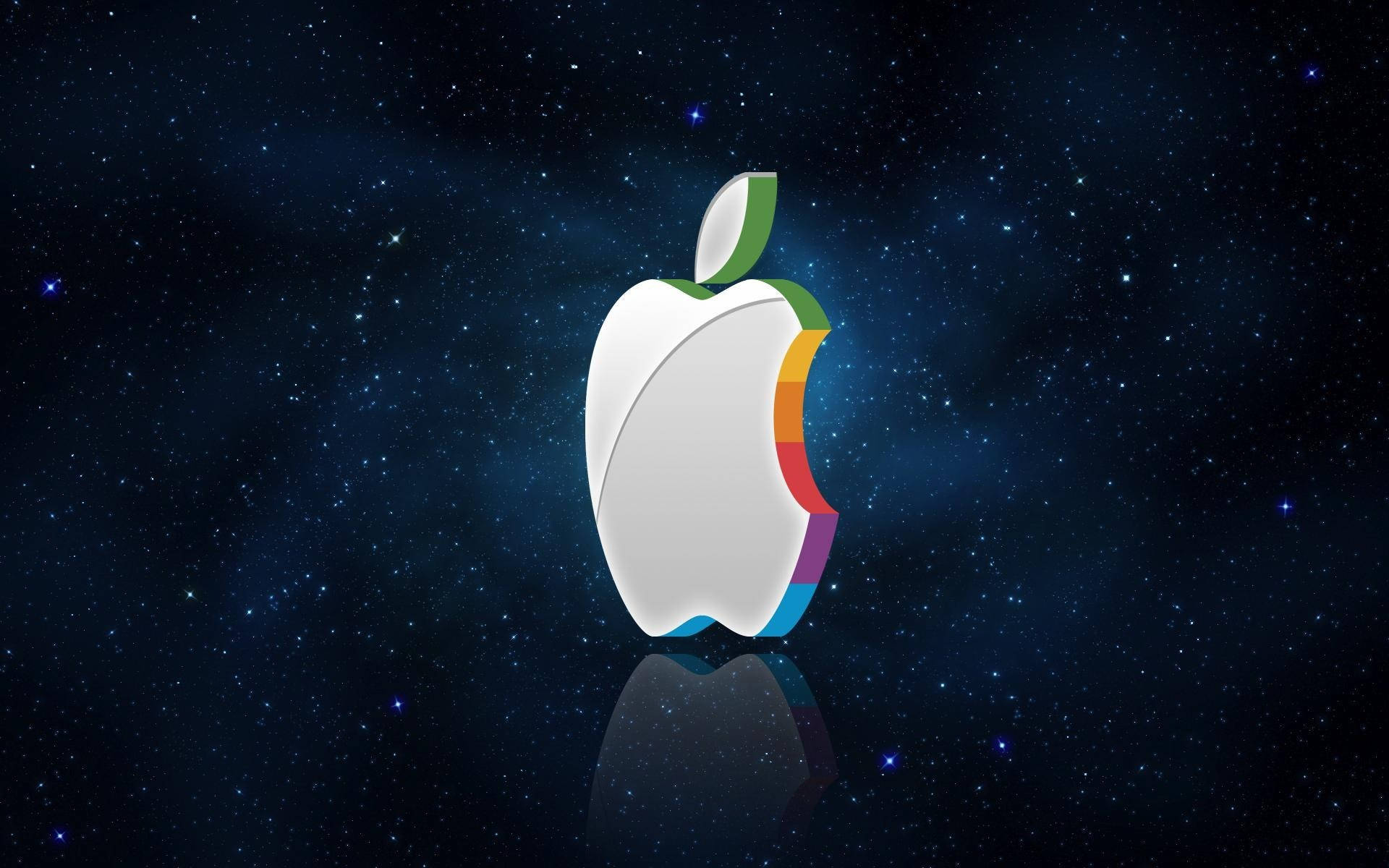 帶有彩虹咬痕的Apple標誌漂浮在星空空間中，帶有反射。
