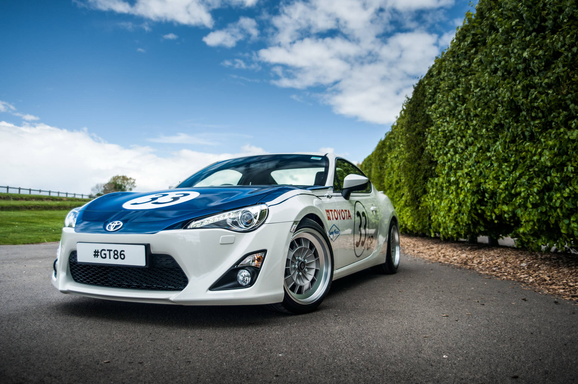 晴朗日子裡，白色和藍色的豐田GT86賽車停在綠色籬笆旁。