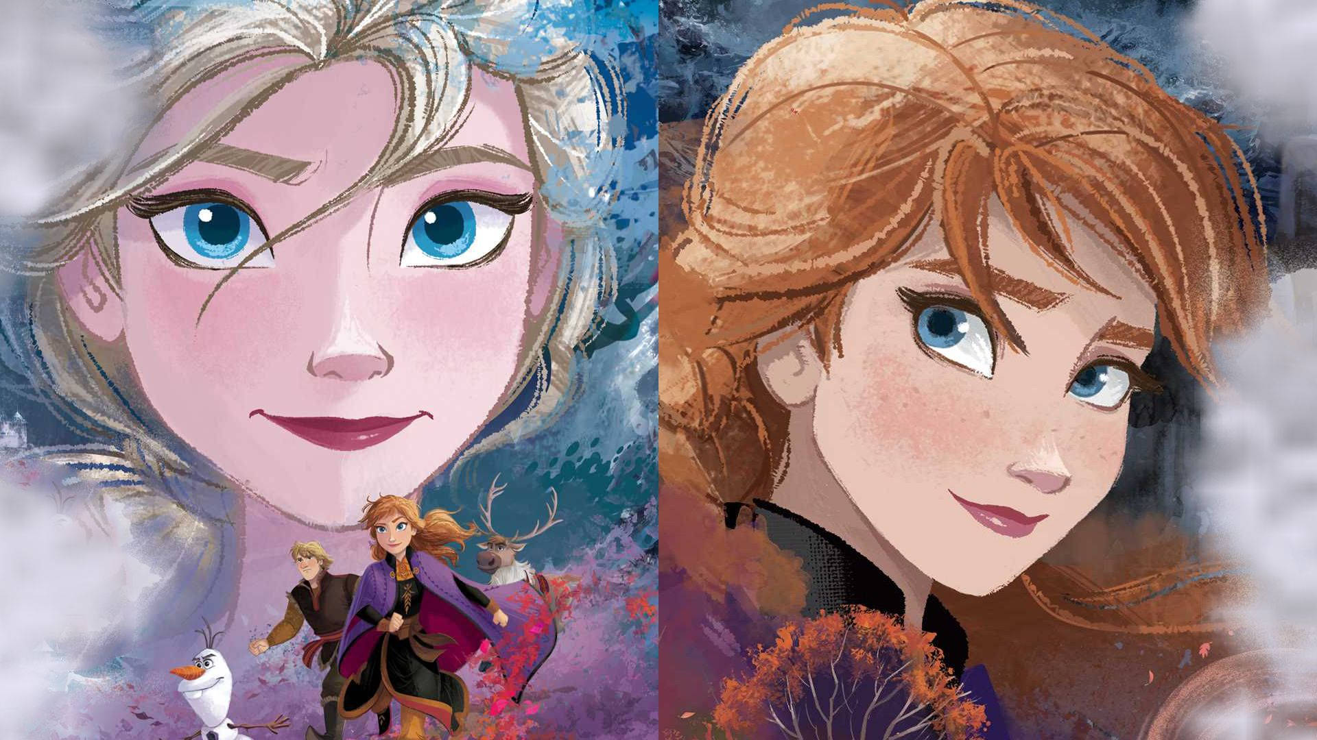 標題：忠誠的連結——《冰雪奇緣2》中的艾莎與安娜 壁紙 — 冰雪奇緣中艾莎和安娜的分割肖像，背景有雪寶和克里斯托夫，襯以雪景和秋景。