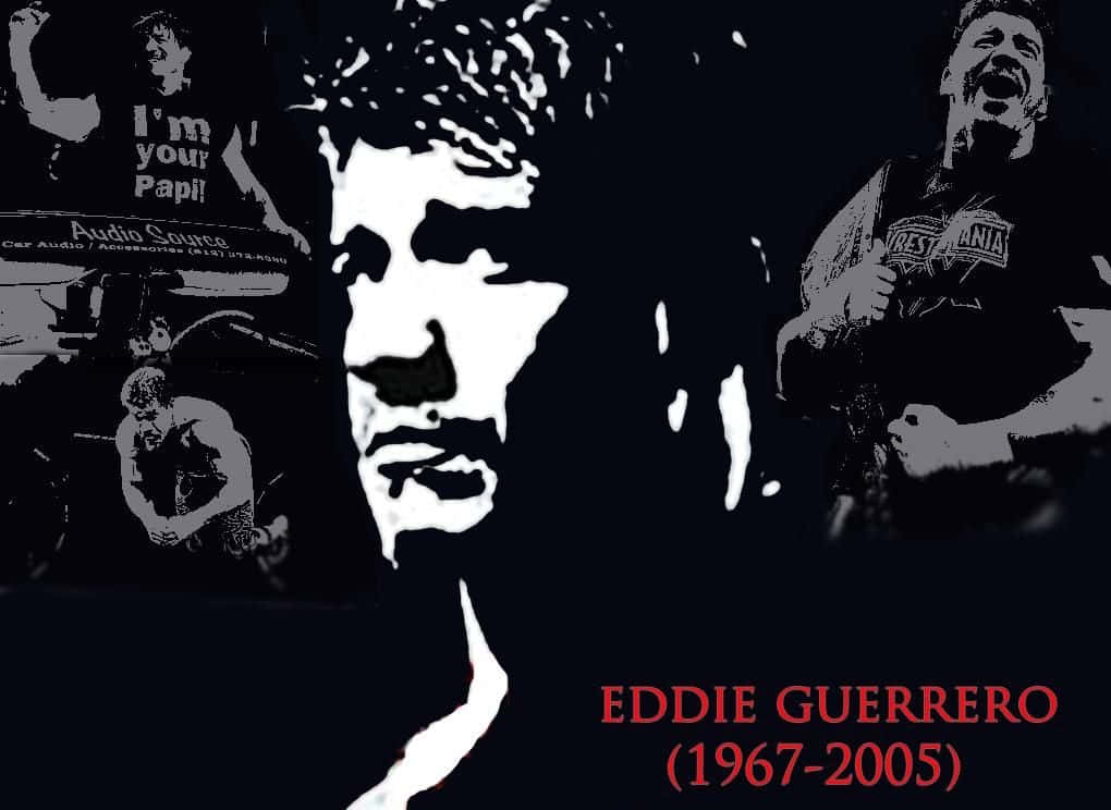 標題：愛迪·格雷羅——黑白影像中的摔角傳奇 壁紙 — 摔角手 Eddie Guerrero 的高對比黑白風格肖像，周圍環繞著他職業生涯時刻的拼貼圖像。