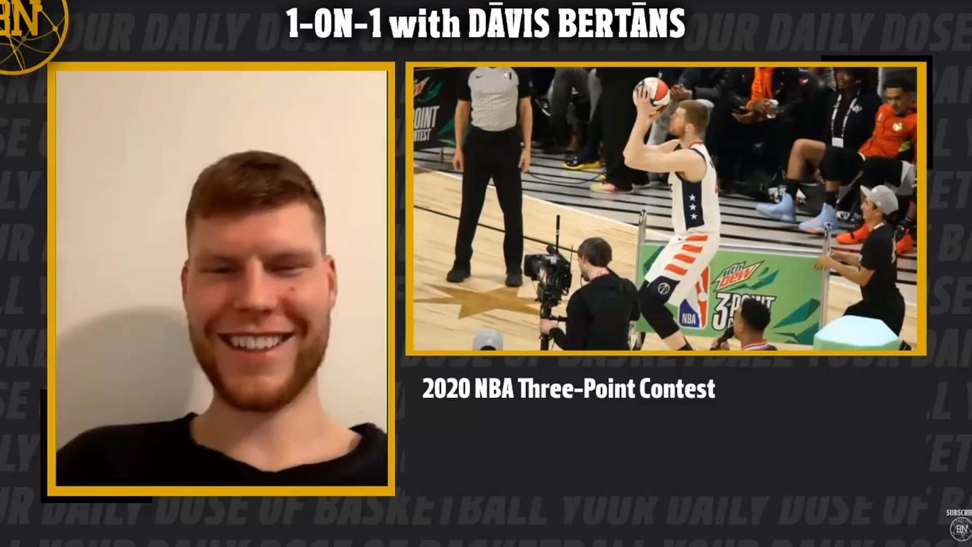 籃球運動員在視像通話中微笑，旁邊是NBA三分球大賽投籃。