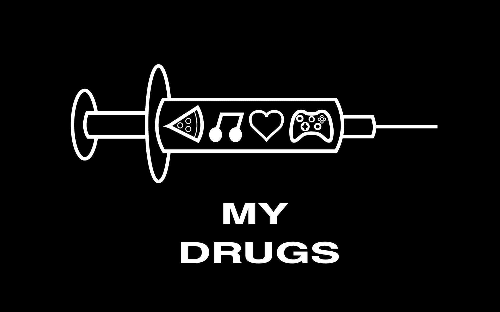 白色線條繪畫的注射器，裝滿了薄餅、音樂、心形和遊戲控制器圖標，黑色背景上寫有文字 my drugs。