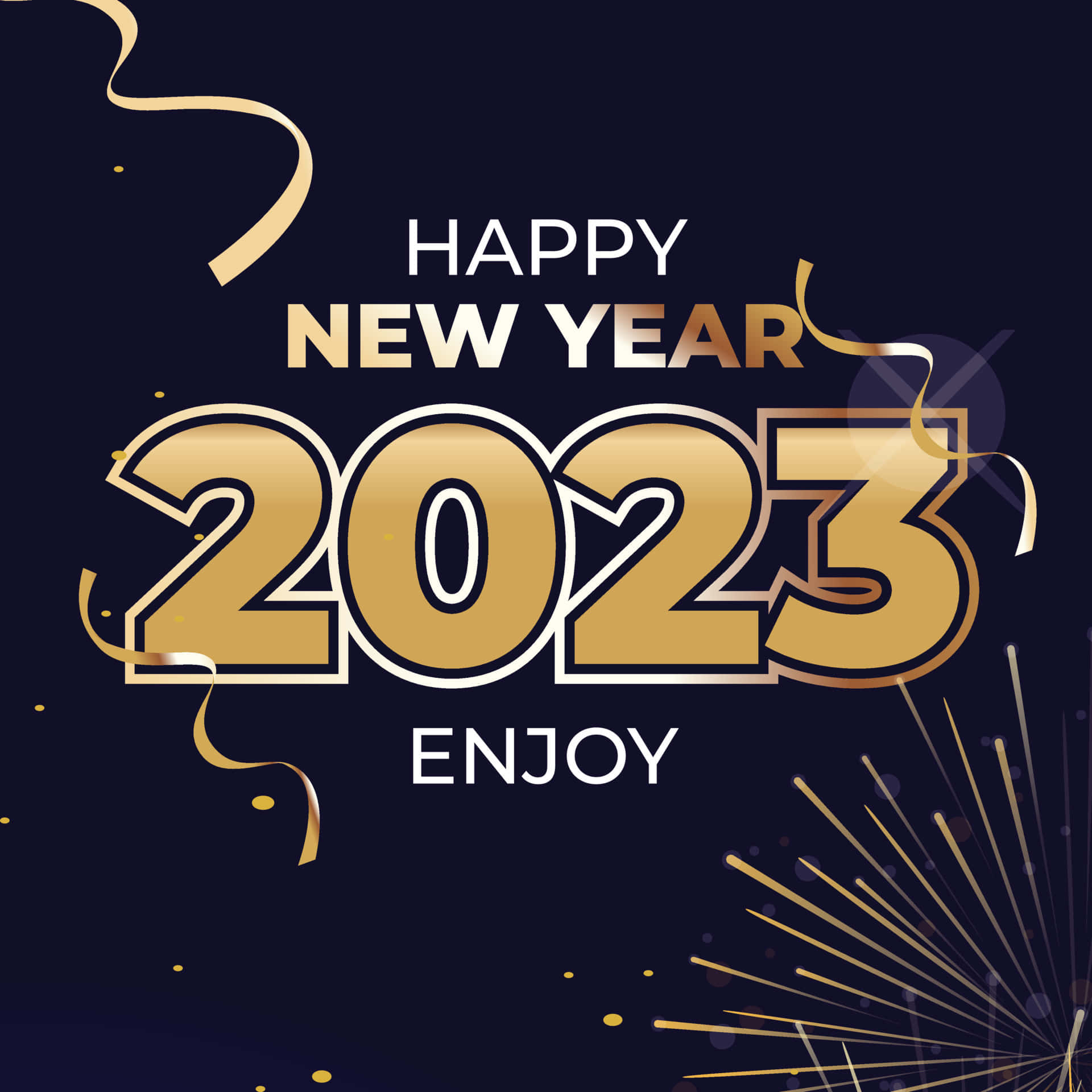 標題：擁抱新開始——2023新年 壁紙 — 深藍色背景上帶有金色2023新年文字、五彩紙屑和煙花。
