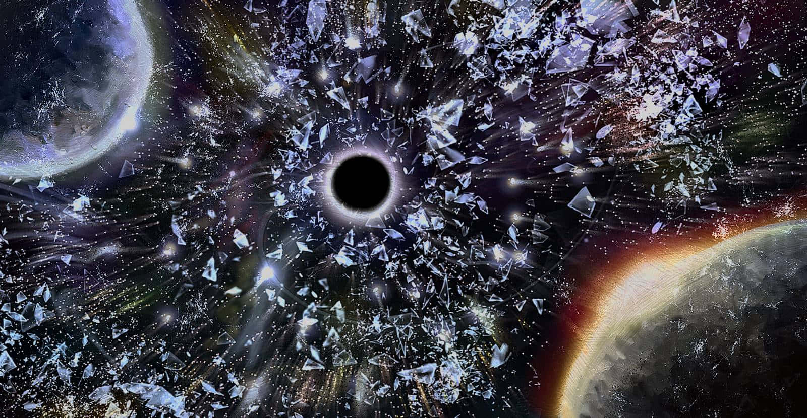 標題：星座點綴的繁星夜空 壁紙 — 一個宇宙黑洞吞噬著水晶碎片，周圍環繞著旋轉的恆星和行星，構成戲劇性的太空場景。