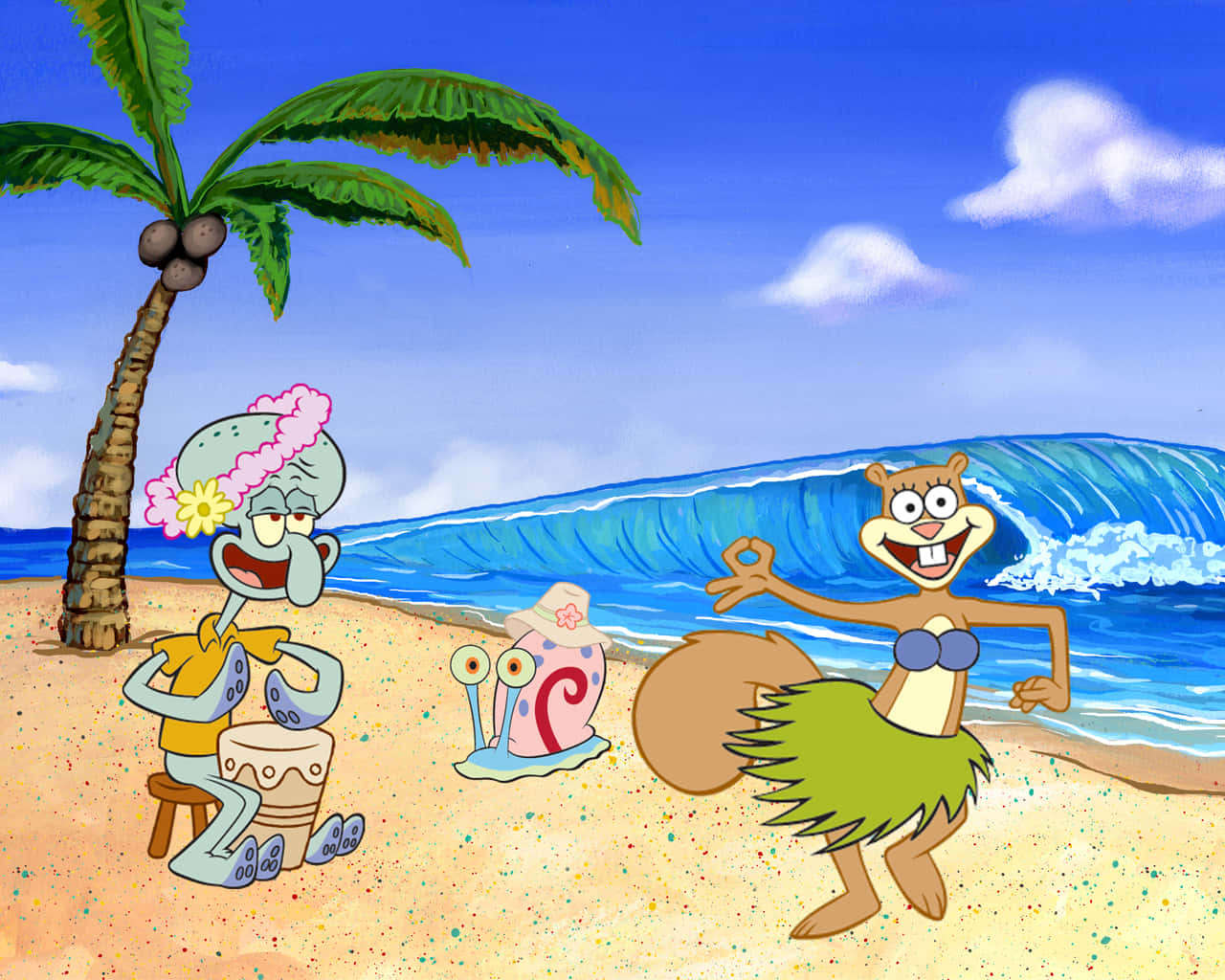 Squidward 打鼓，而 Sandy 穿著草裙在陽光明媚的海灘上，與棕櫚樹和海浪一起跳舞。