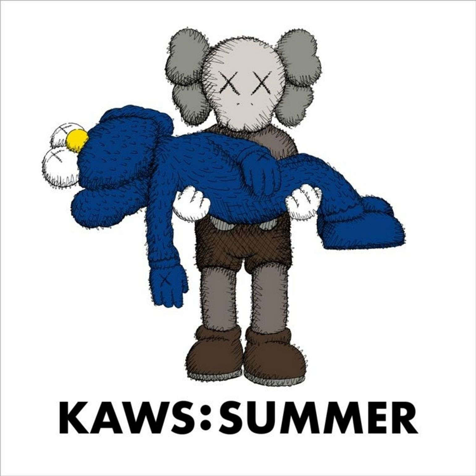 標題：流行藝術爆炸——KAWS的傑作 壁紙 — 一個風格化的KAWS角色，身穿棕色短褲和靴子，在純白色背景前拿著一個有黃色眼睛的藍色毛絨玩具。
