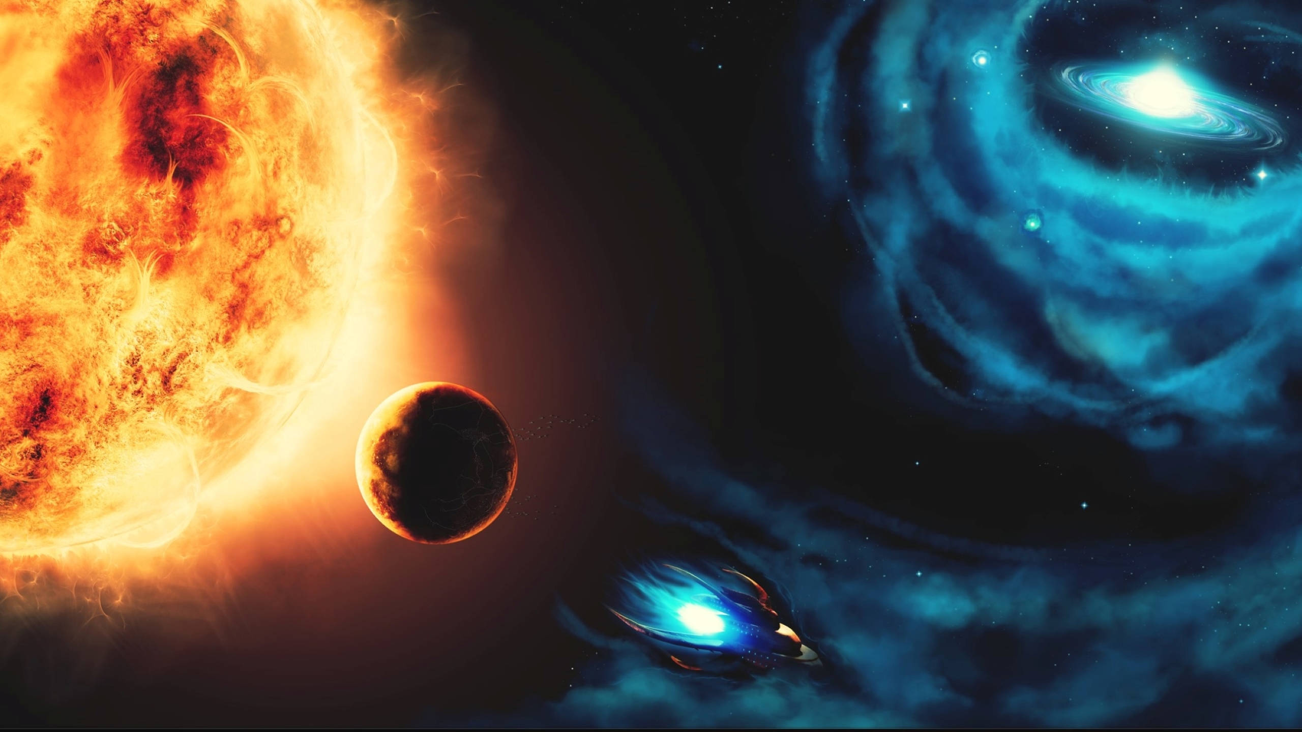 標題：熾熱擁抱——宇宙揭幕 壁紙 — 一艘配備藍色引擎的太空船在深空中飛過熾熱的太陽和遙遠的藍色星系。