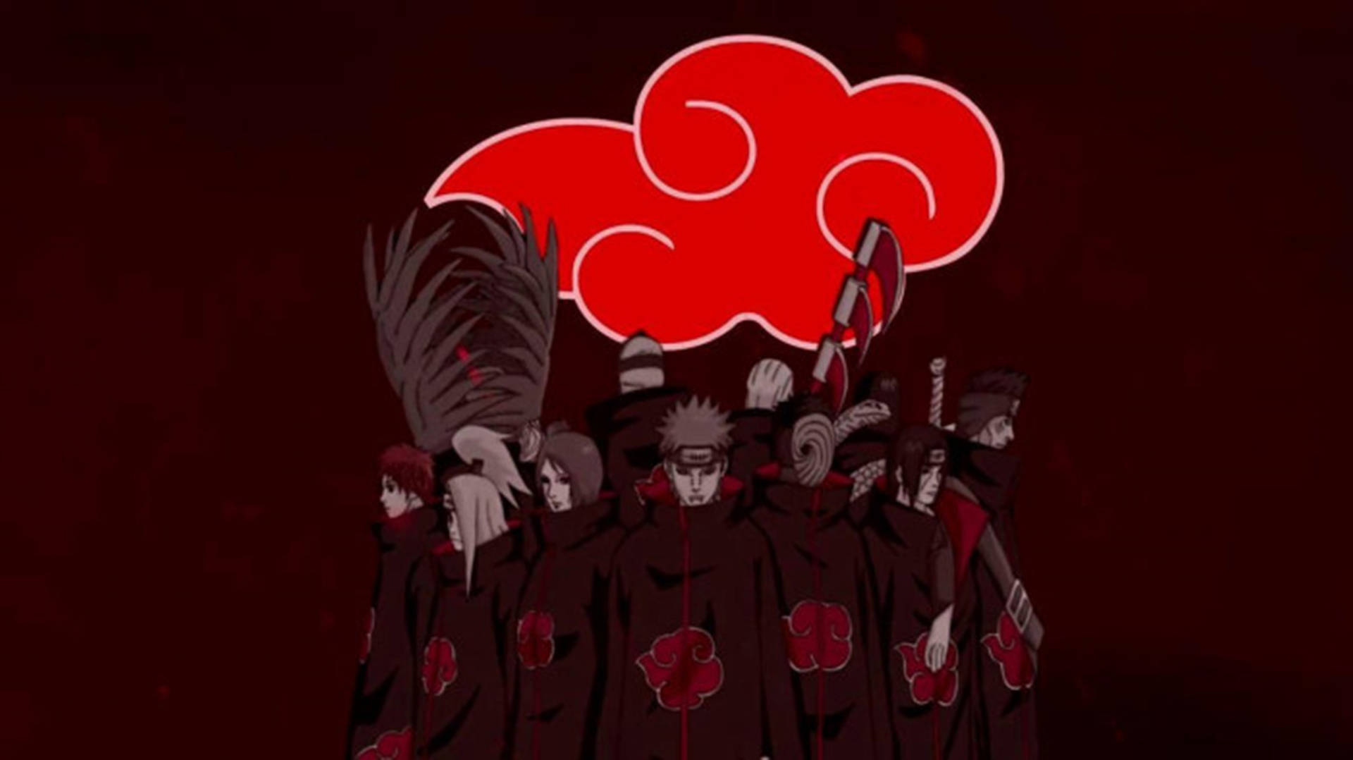身穿曉組織斗篷的動漫角色在紅色背景前站成一排。