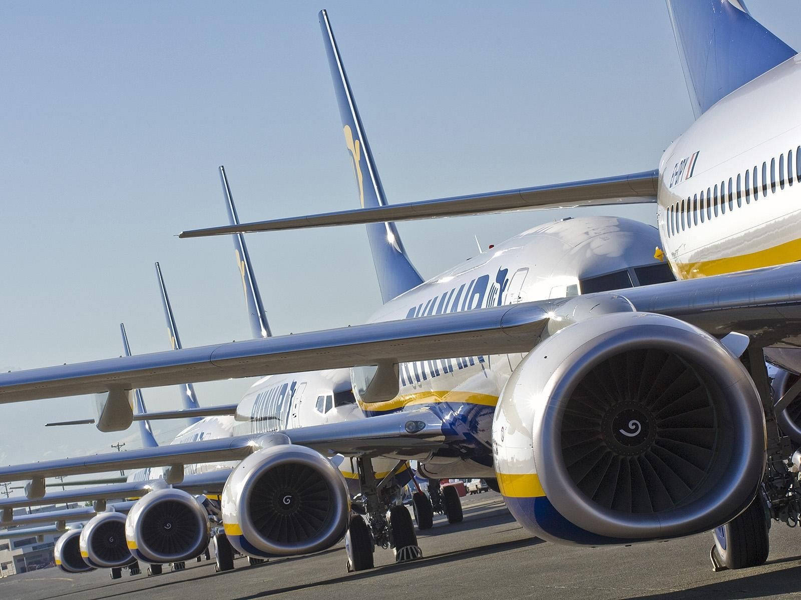 瑞安航空飛機在陽光明媚的機場停機坪上排成一排。