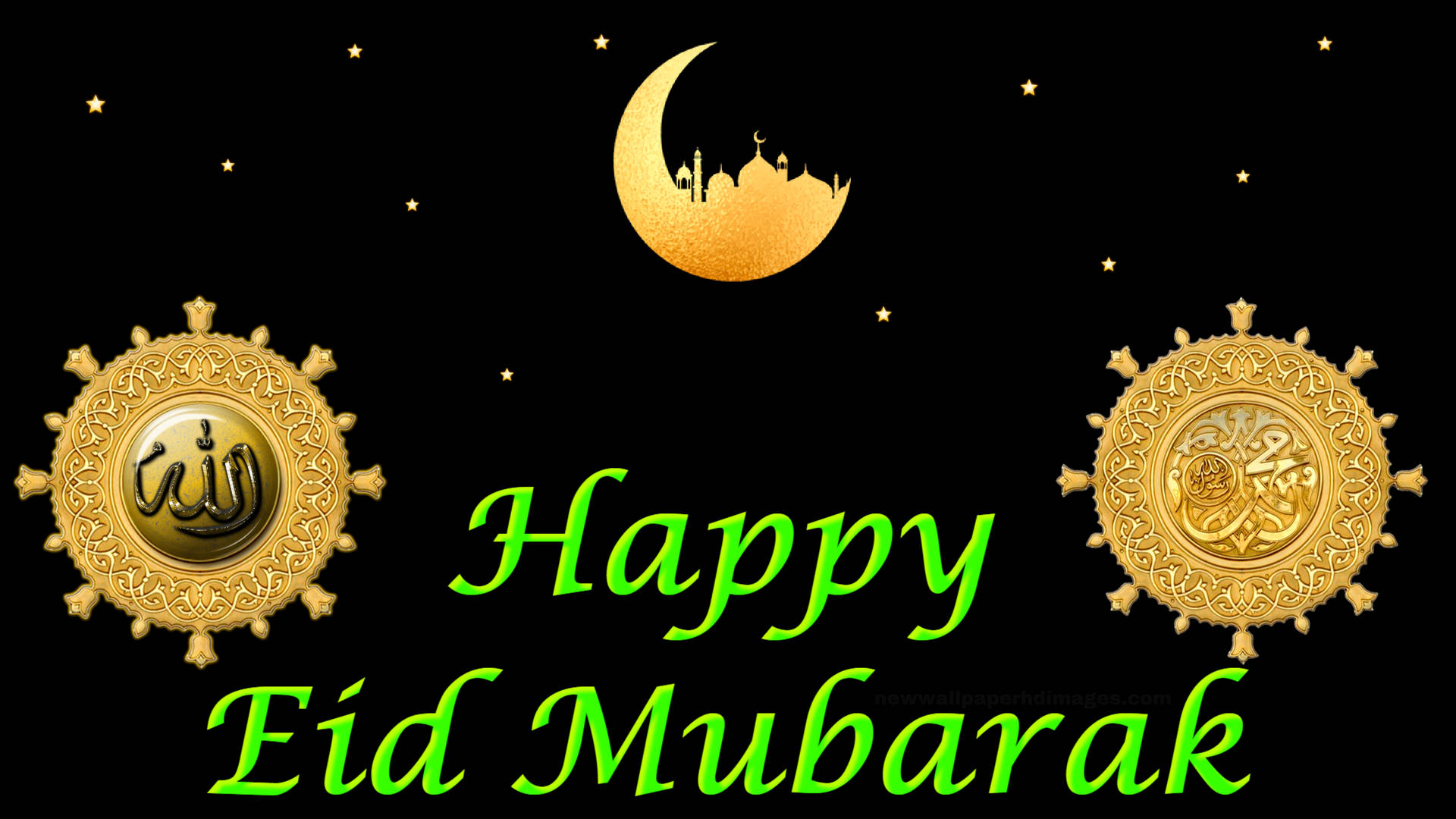 Happy Eid Mubarak 祝福語，帶有新月、清真寺和金色徽章，點綴在繁星夜空。
