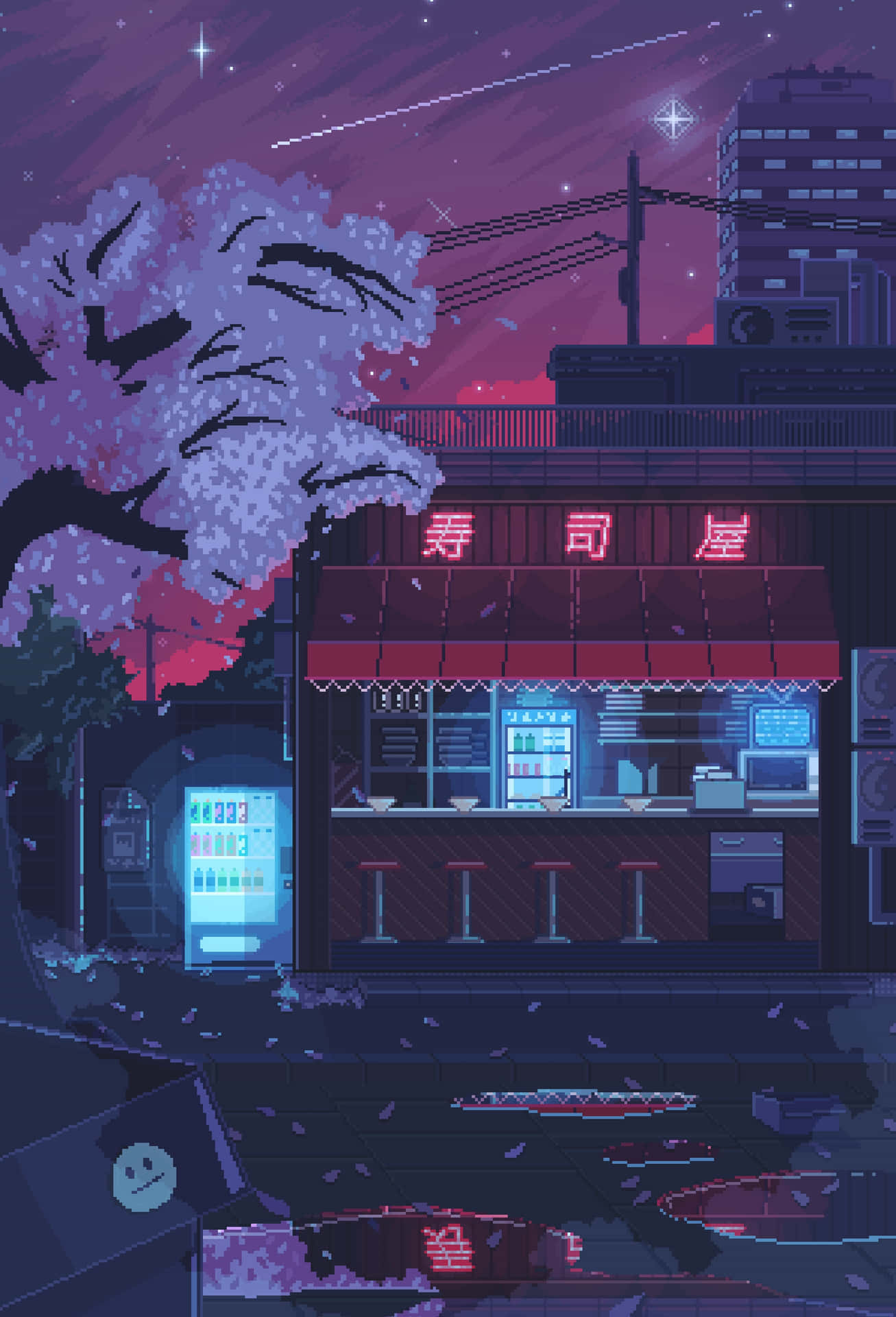 夜晚的像素藝術壽司店，櫻花和霓虹燈在星空下。