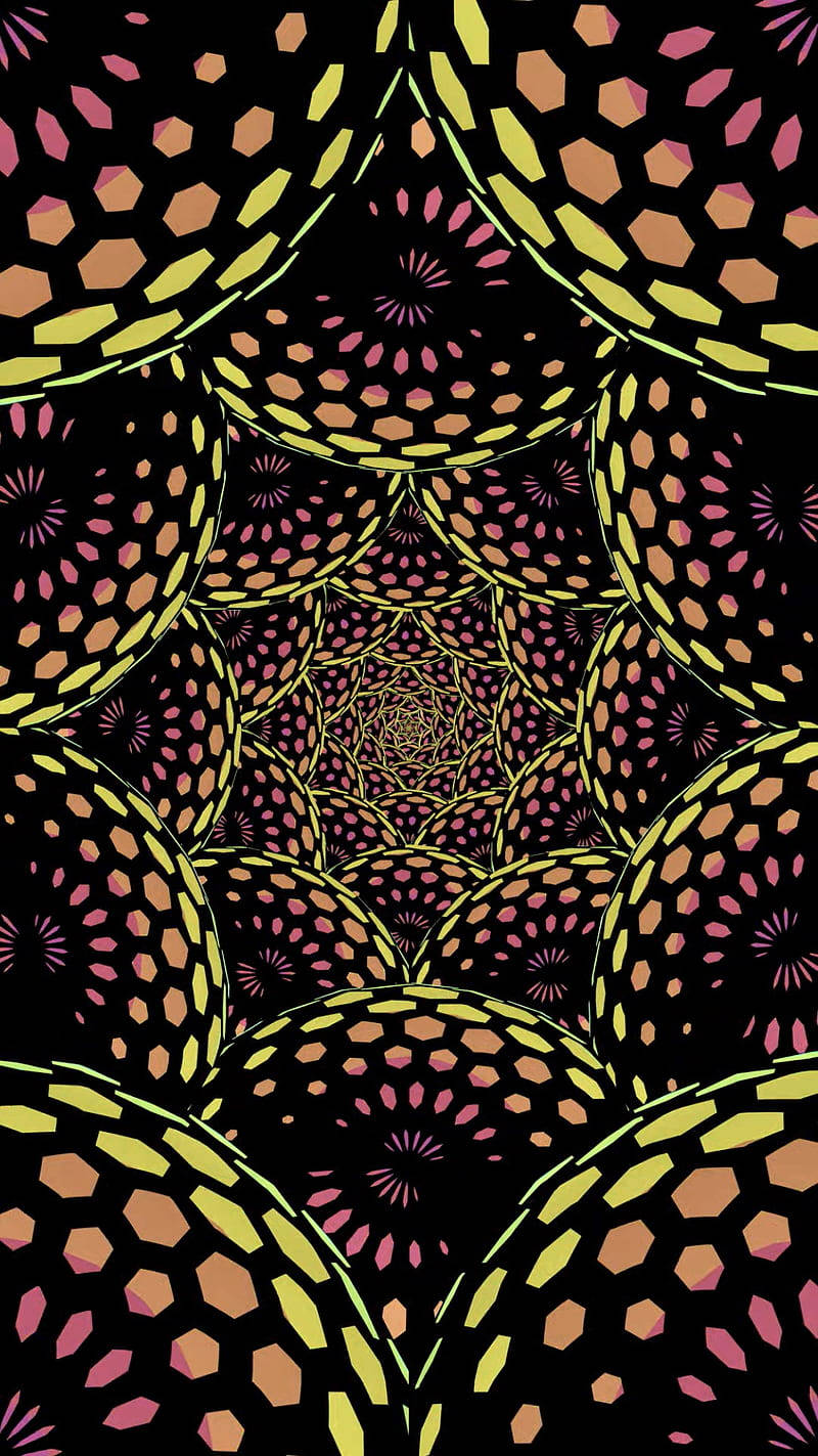黑色背景上六邊形和星爆的鮮豔幾何曼陀羅圖案。
