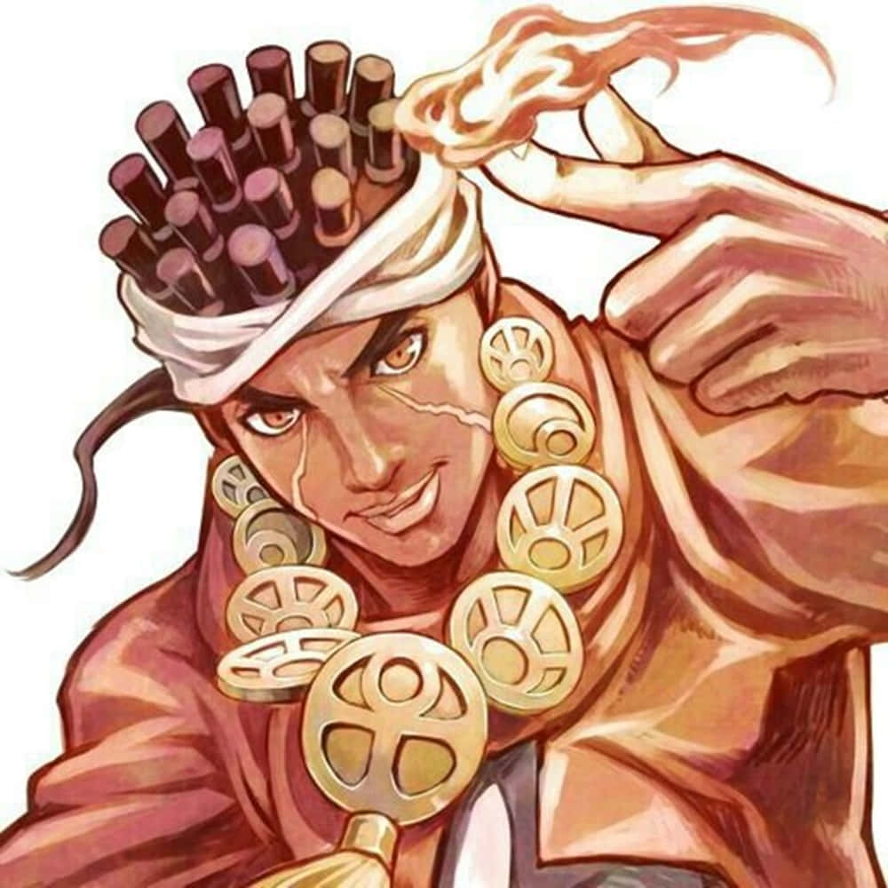 標題：穆罕默德·阿夫多爾釋放力量 壁紙 — 一個兇猛的動漫角色，戴著白色頭帶和金幣項鍊，火焰般的頭髮向前指著。