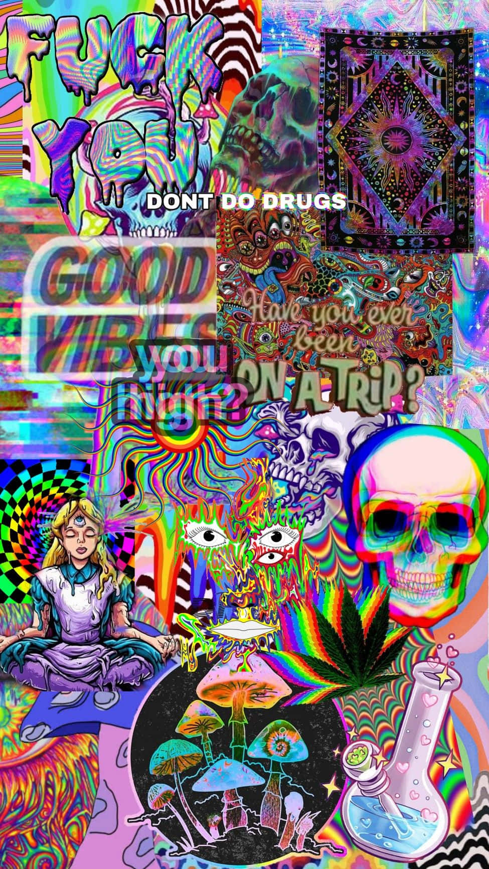 迷幻拼貼畫，包含骷髏、蘑菇和迷幻文字，以霓虹色彩呈現。