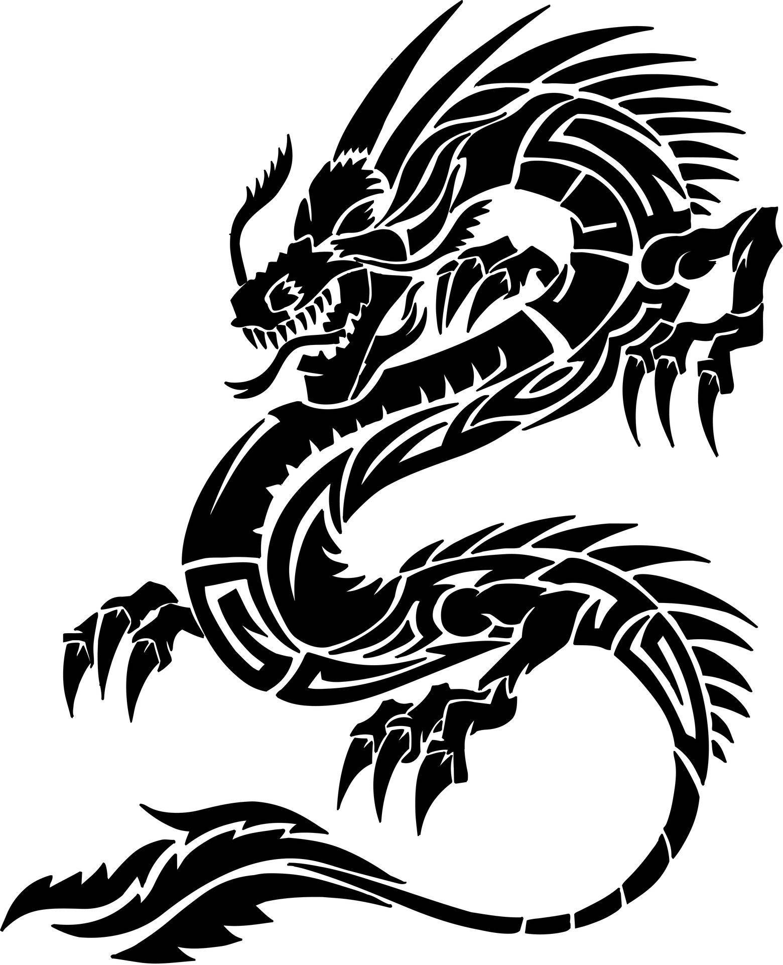 標題：精緻日本龍紋身藝術 壁紙 — 一隻兇猛的黑白部落龍，擁有鋒利的爪子和飄逸的鬃毛，在純白背景上動態盤繞。