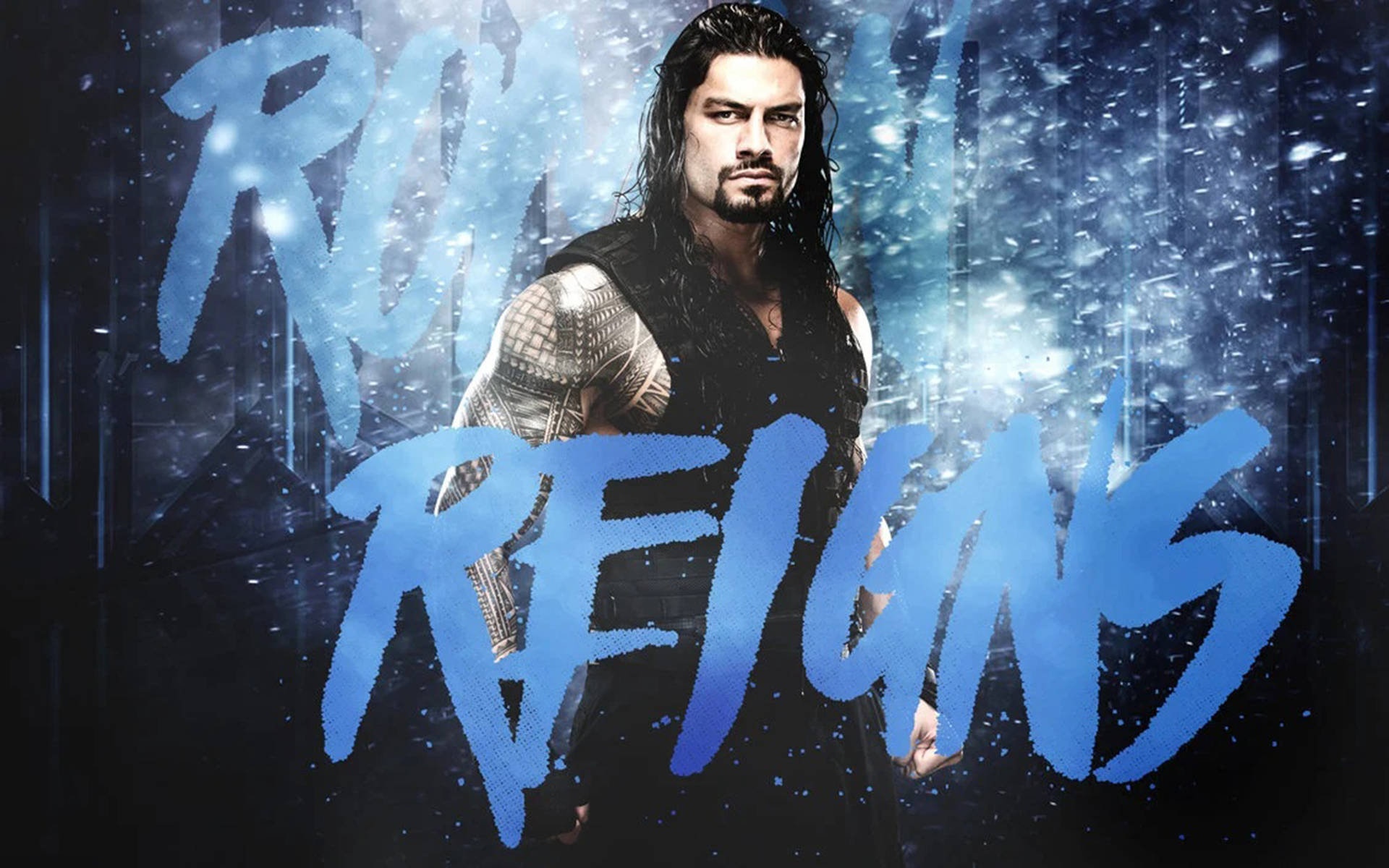 Roman Reigns WWE摔角手在深藍色宇宙背景上，帶有發光文字。
