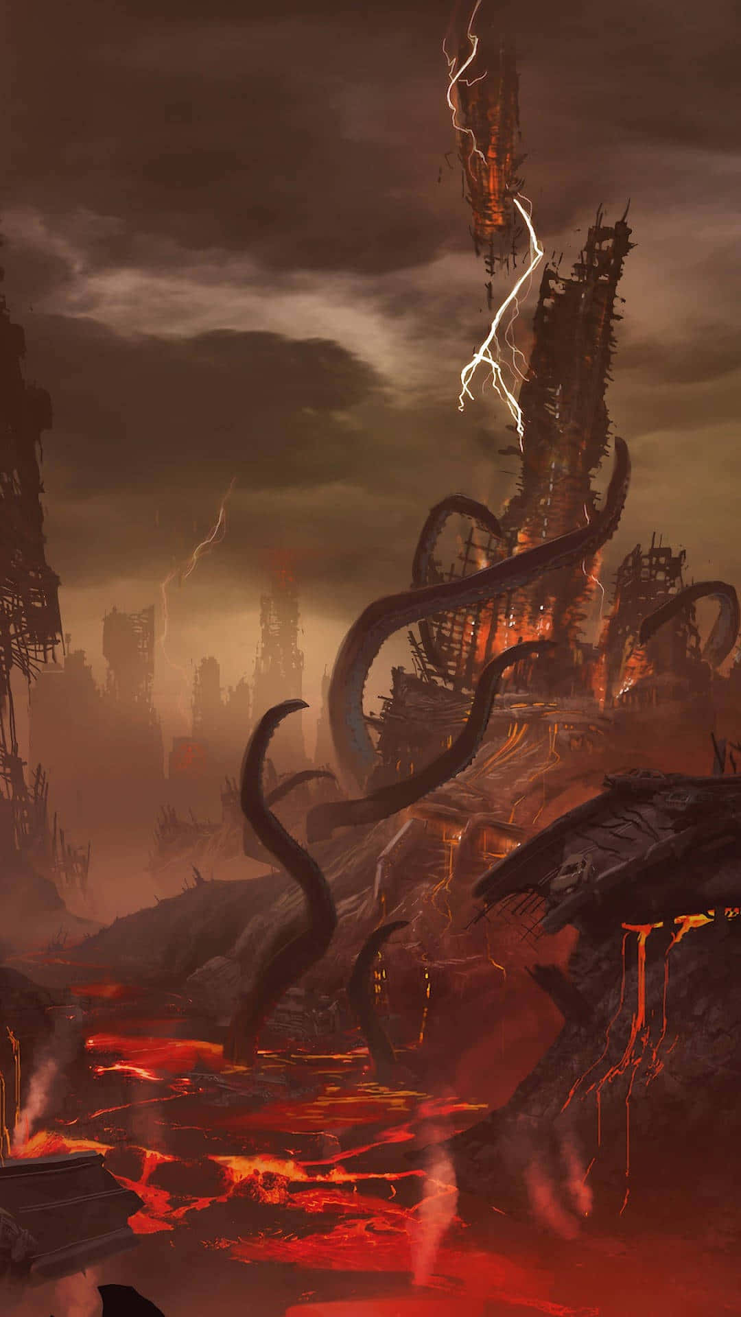 標題：與 Pixel 3XL DOOM 背景體驗強烈遊戲感 壁紙 — 黑暗奇幻景觀，高聳扭曲的結構、發光的熔岩河流，以及閃電劃破暴風雨的天空。