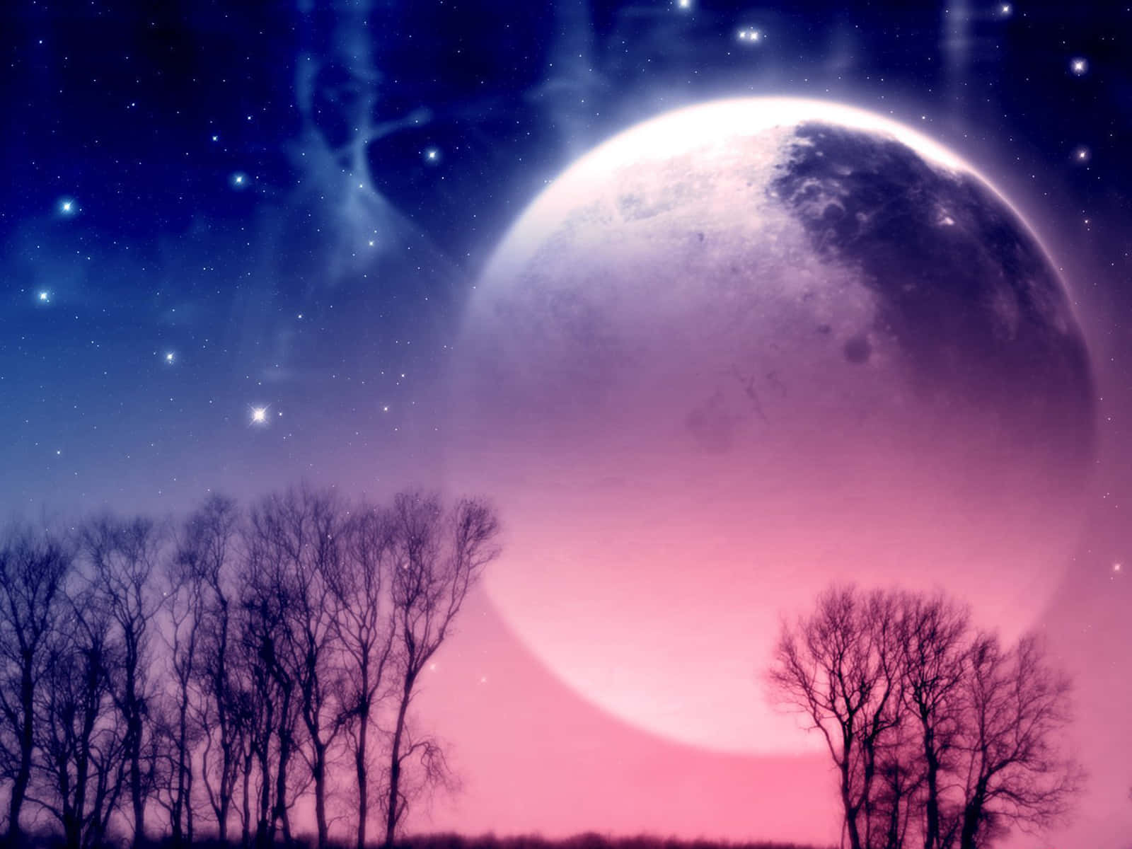 標題：迷人魔法風景 壁紙 — 一輪巨大的月亮在星光和星雲點綴的夜空下，在光禿禿的樹木上方發出粉紅色和紫色的光芒。