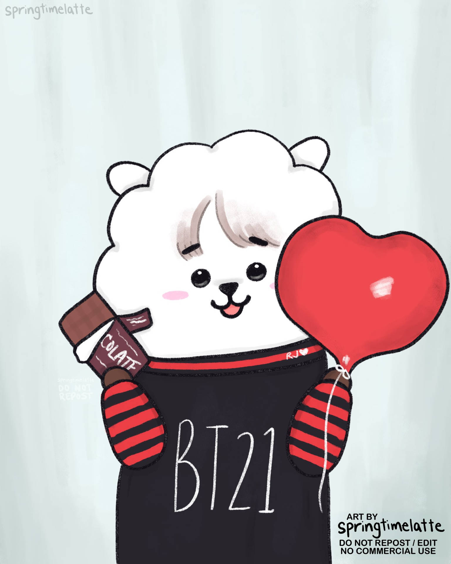 可愛的BT21熊拿著紅色心形氣球和朱古力棒。