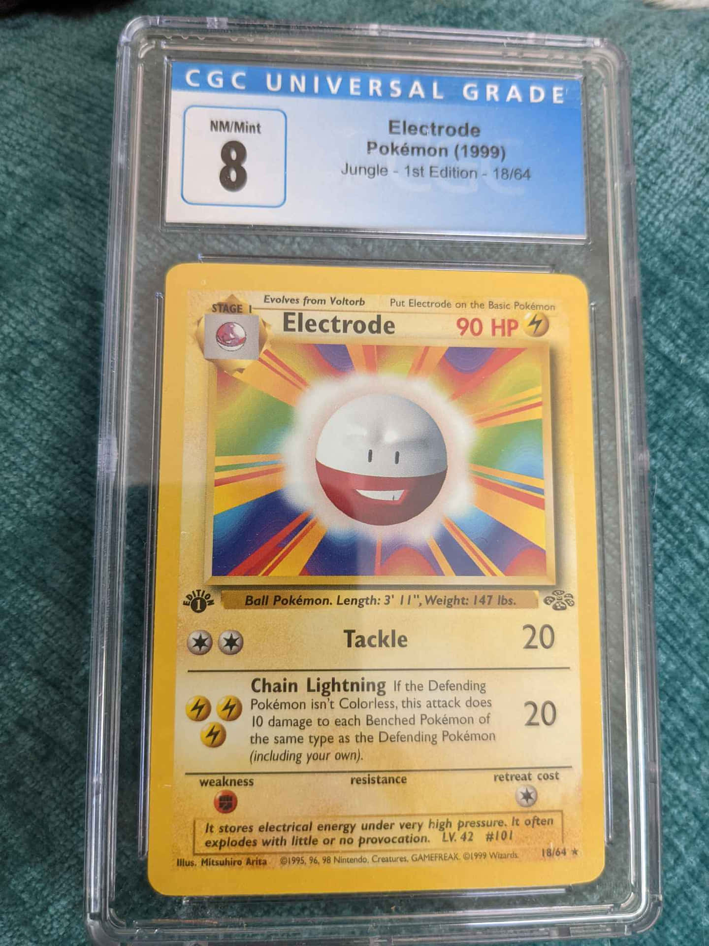 一張經評級的1999年電擊獸寶可夢卡，裝在透明保護盒中。