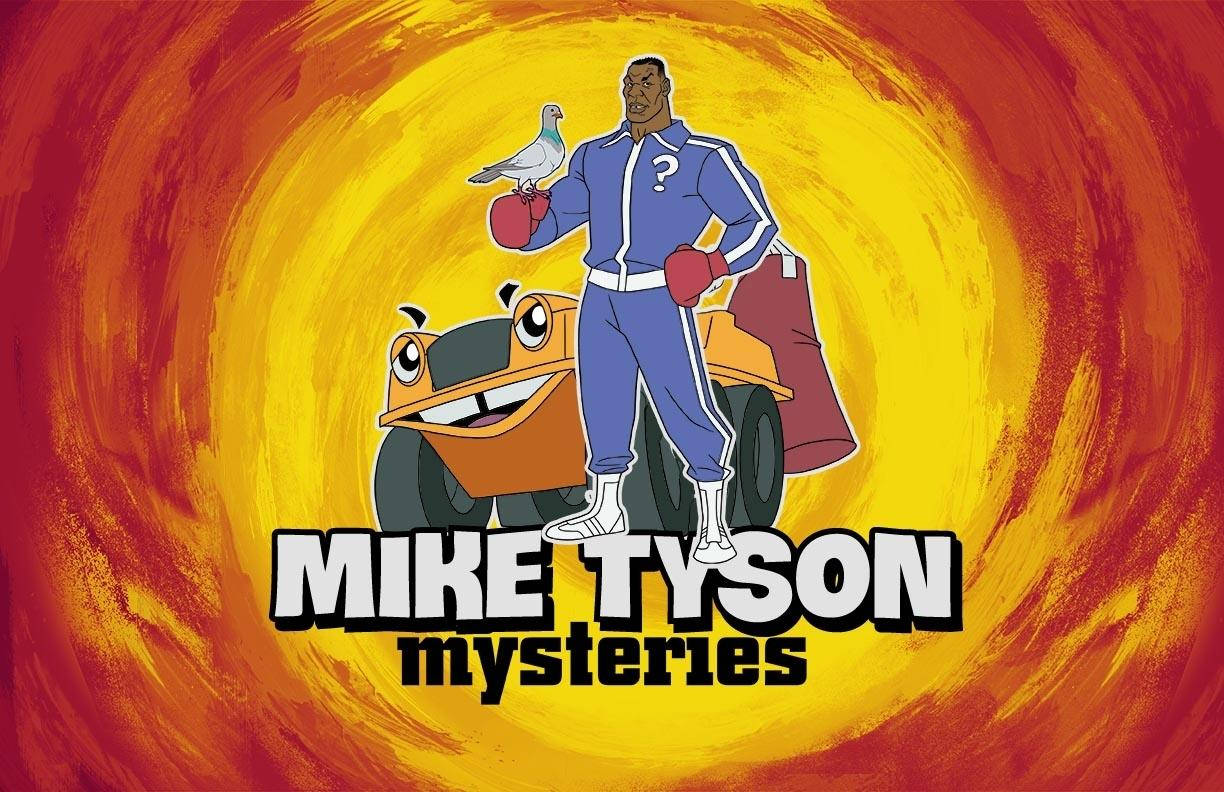 卡通版Mike Tyson與鴿子和割草機，背景是熾熱旋轉的圖案。